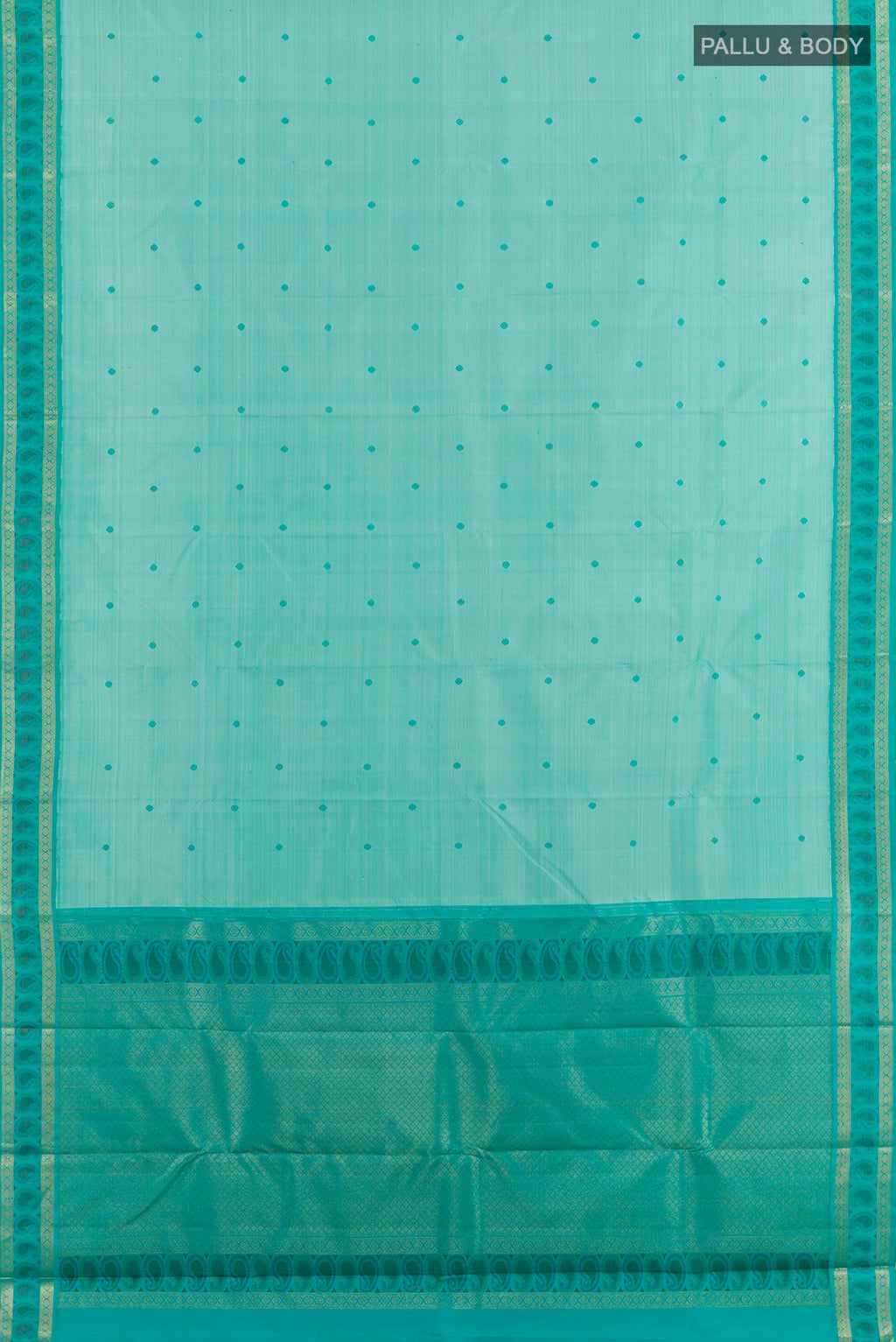 Flat view of Sky Blue Kanjivaram Silk Saree with Thread Butta on the body and Zari Border. 