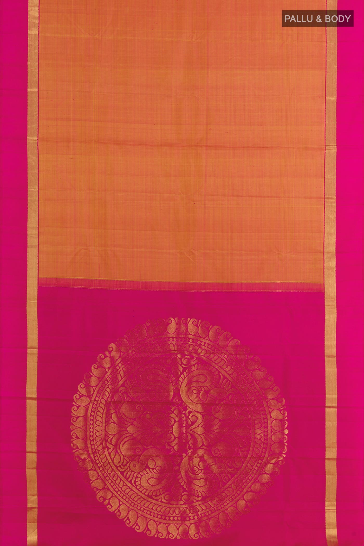 Flat view of Brick Orange Kanchipuram Silk Saree with Plain Body and Zari Border. 
