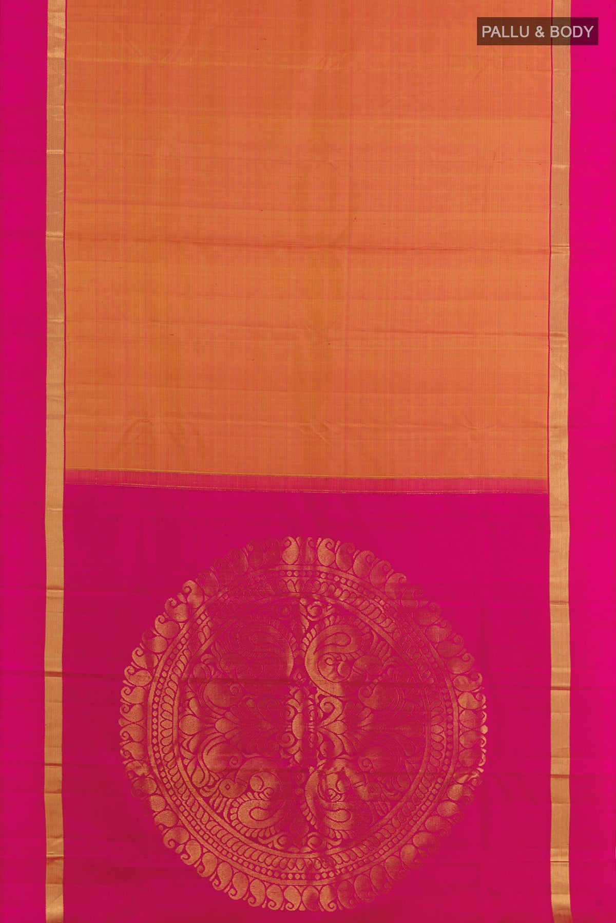 Flat view of Brick Orange Kanchipuram Silk Saree with Plain Body and Zari Border. 