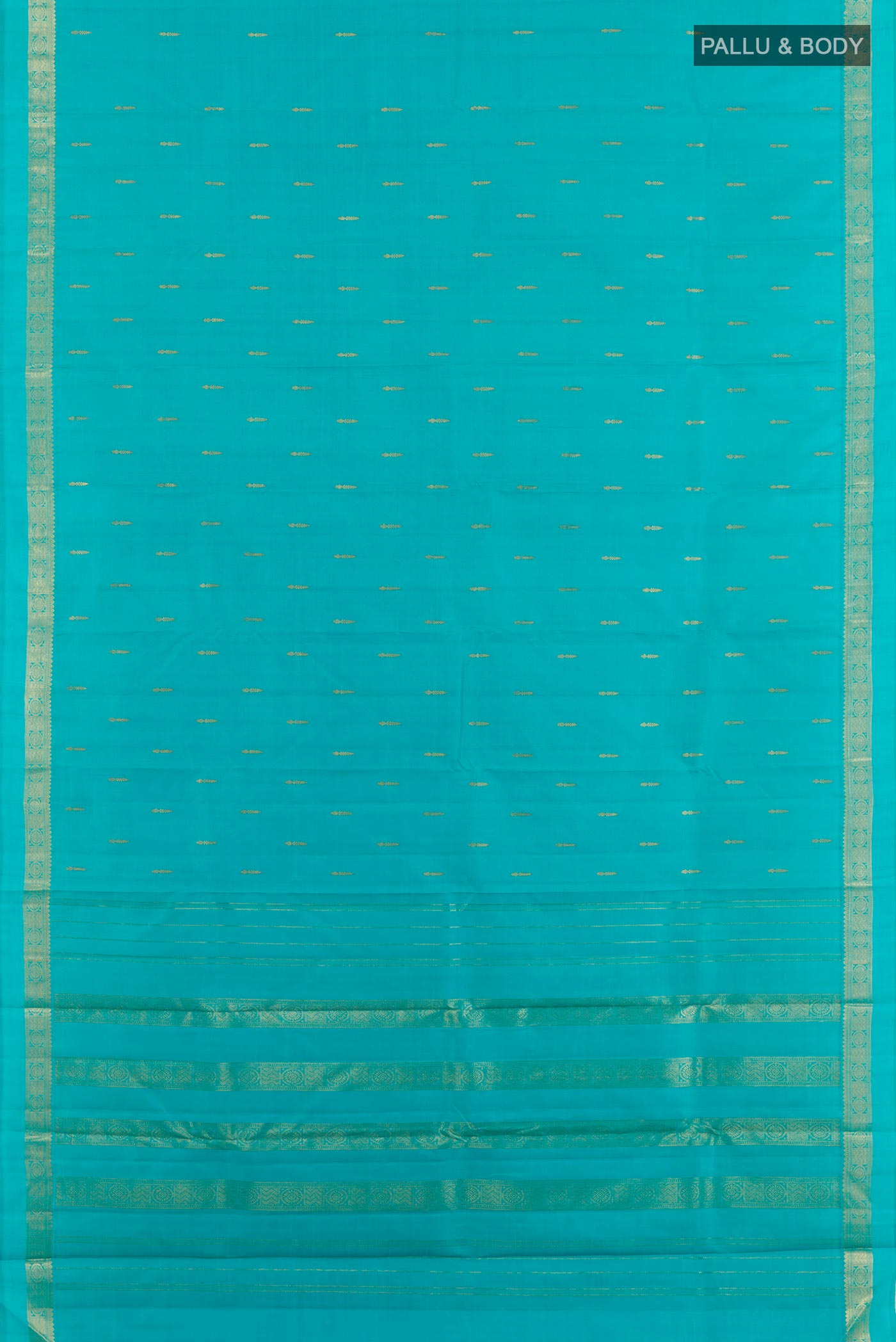 Flat view of Blue Kanchipuram Silk Saree with Zari Butta on the body and Zari Border. 