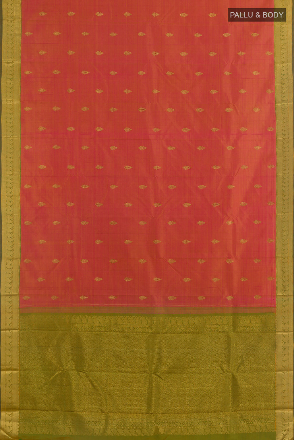 Flat view of Pure Silk Pinkish Yellow Dual Tone Kanjivaram Saree with Zari Butta on the body and Zari Border. 