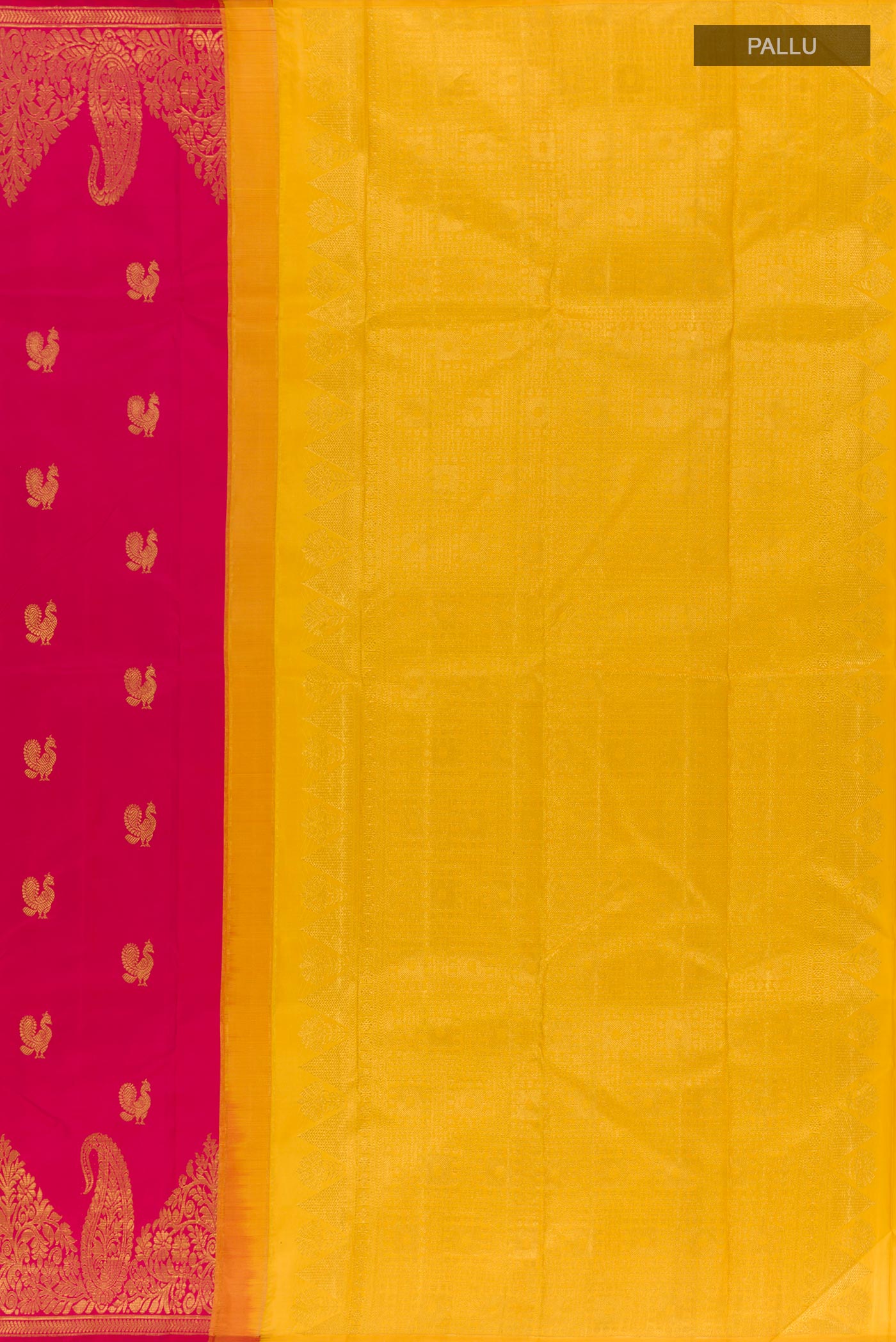 Close up image of the pallu of Pink Kanjivaram Silk Saree with Zari Butta on the body and Zari Border. 