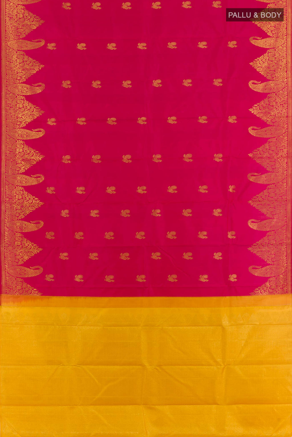 Flat view of Pink Kanjivaram Silk Saree with Zari Butta on the body and Zari Border. 