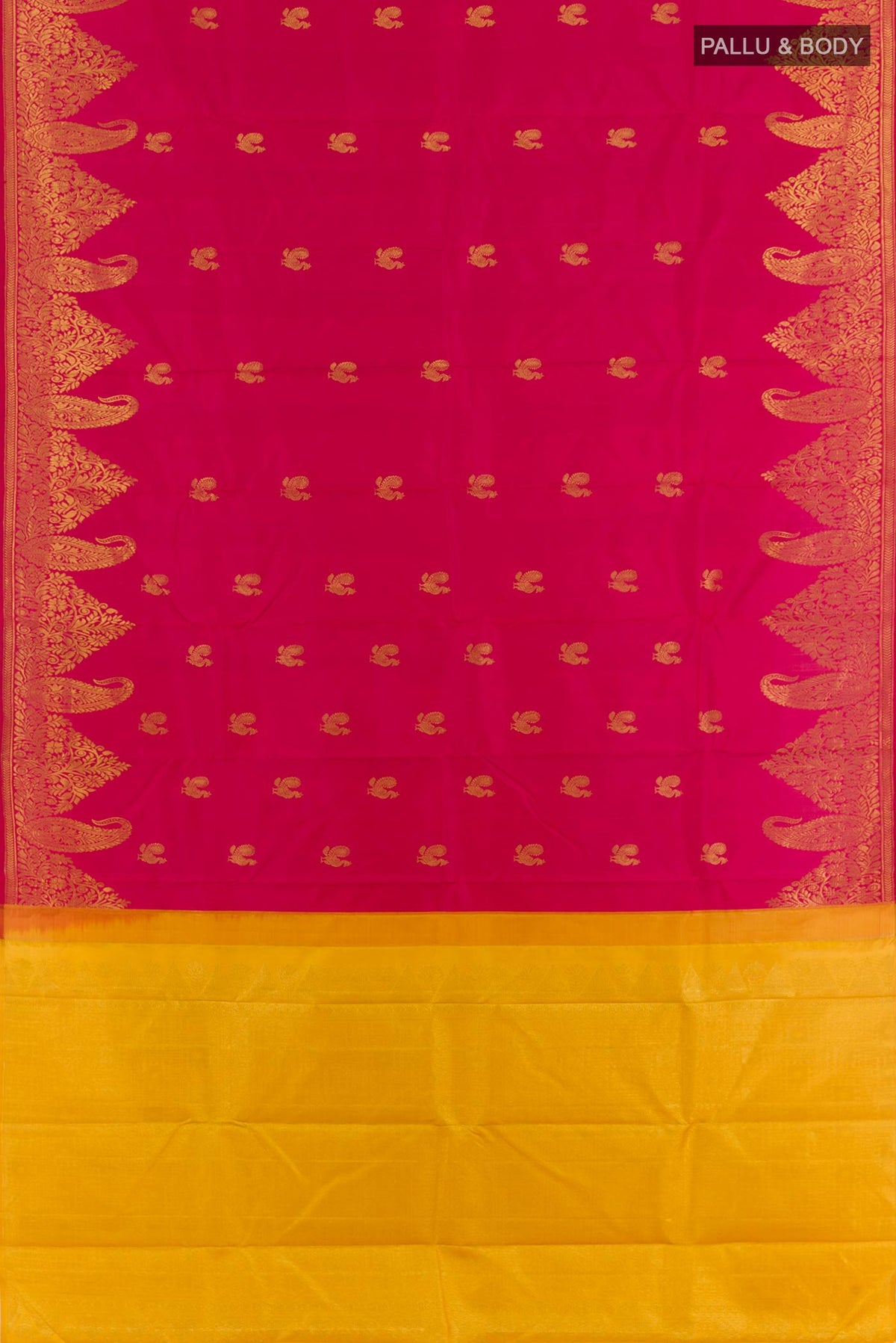 Flat view of Pink Kanjivaram Silk Saree with Zari Butta on the body and Zari Border. 