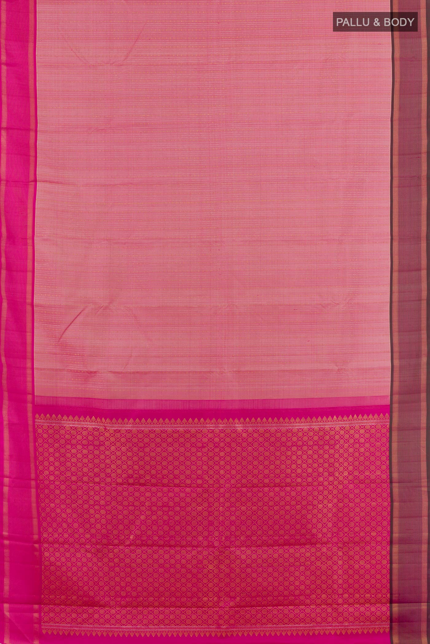 Flat view of Rose pink Kanjivaram Silk Saree with Stripes on the body and Zari Border. 