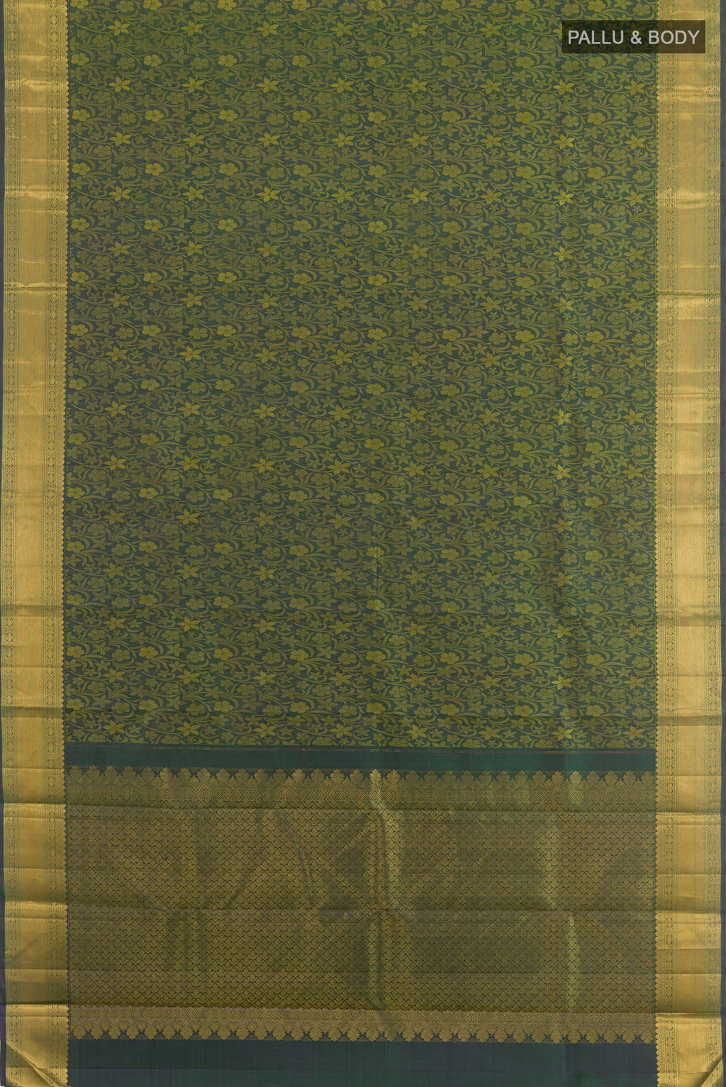 Flat view of Green Kanjivaram Silk Saree with Jacquard design on the body and Zari Border. 