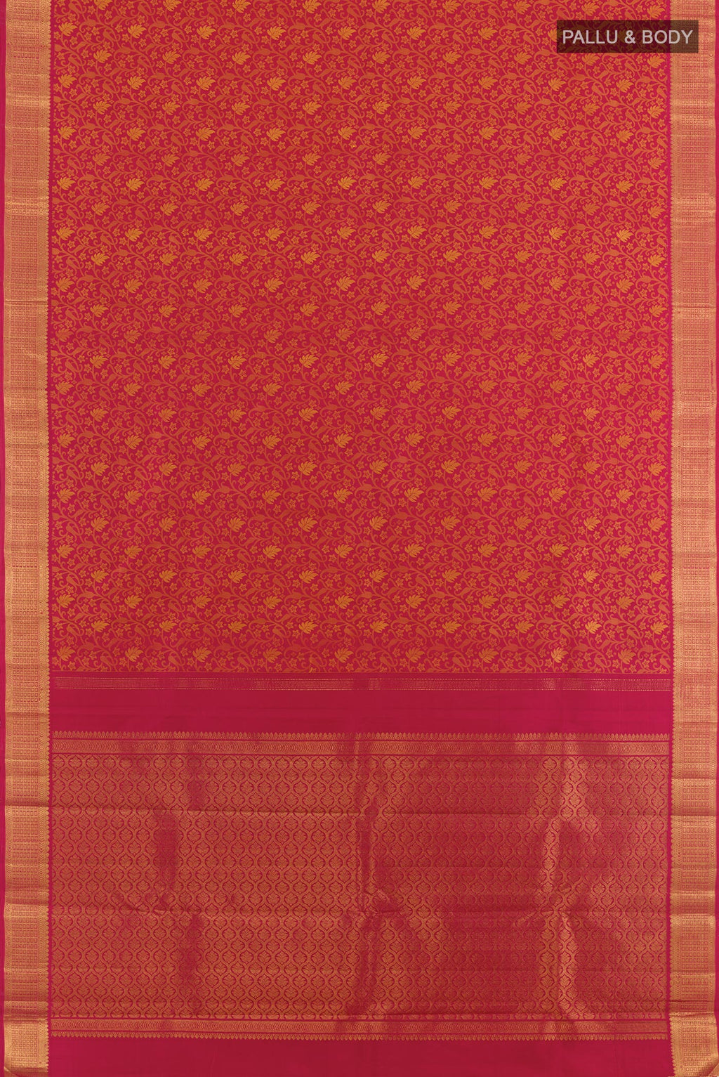 Flat view of Red Kanjivaram Silk Saree with Jacquard design on the body and Zari Border. 