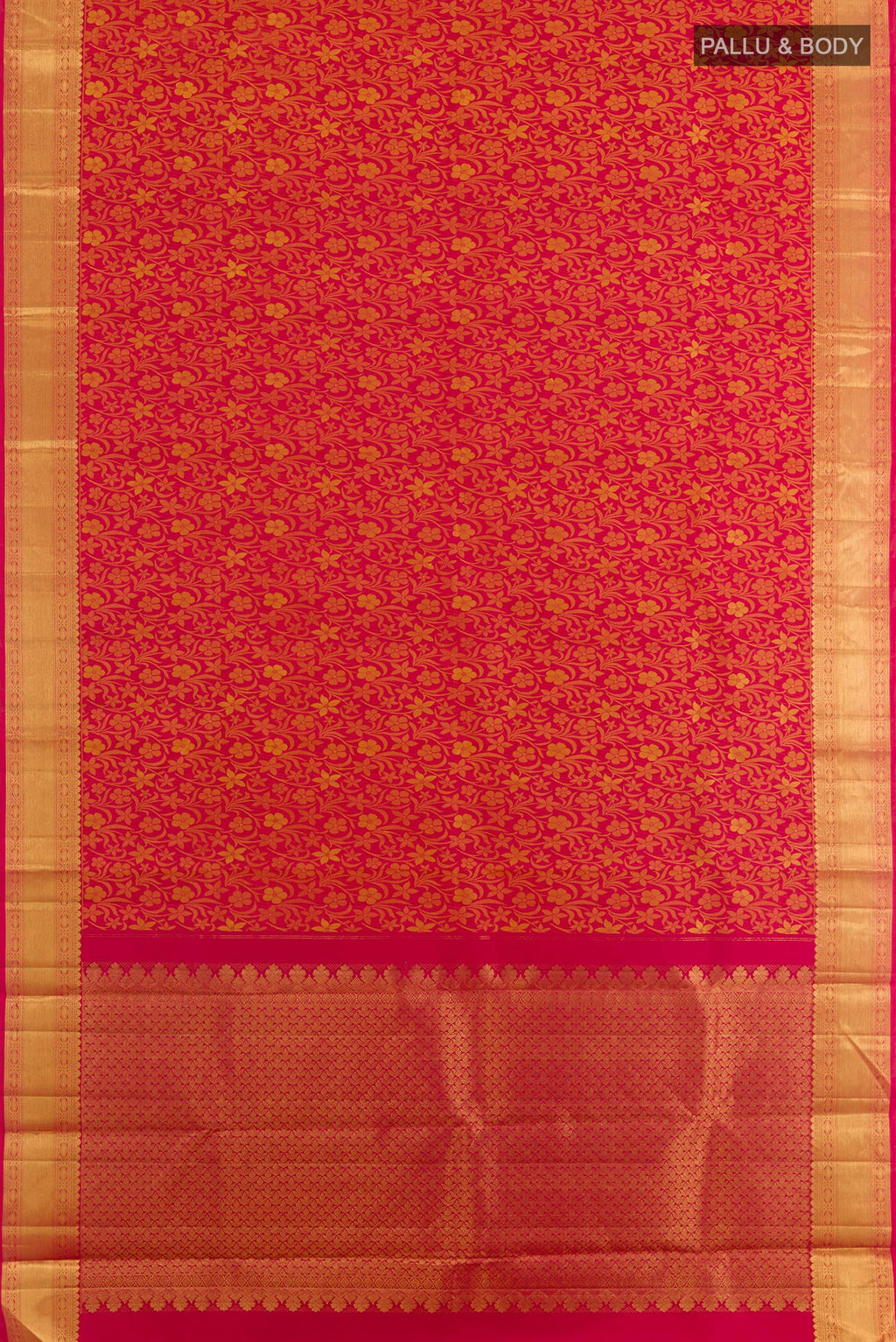 Flat view of Red Kanjivaram Silk Saree with Jacquard design on the body and Zari Border. 