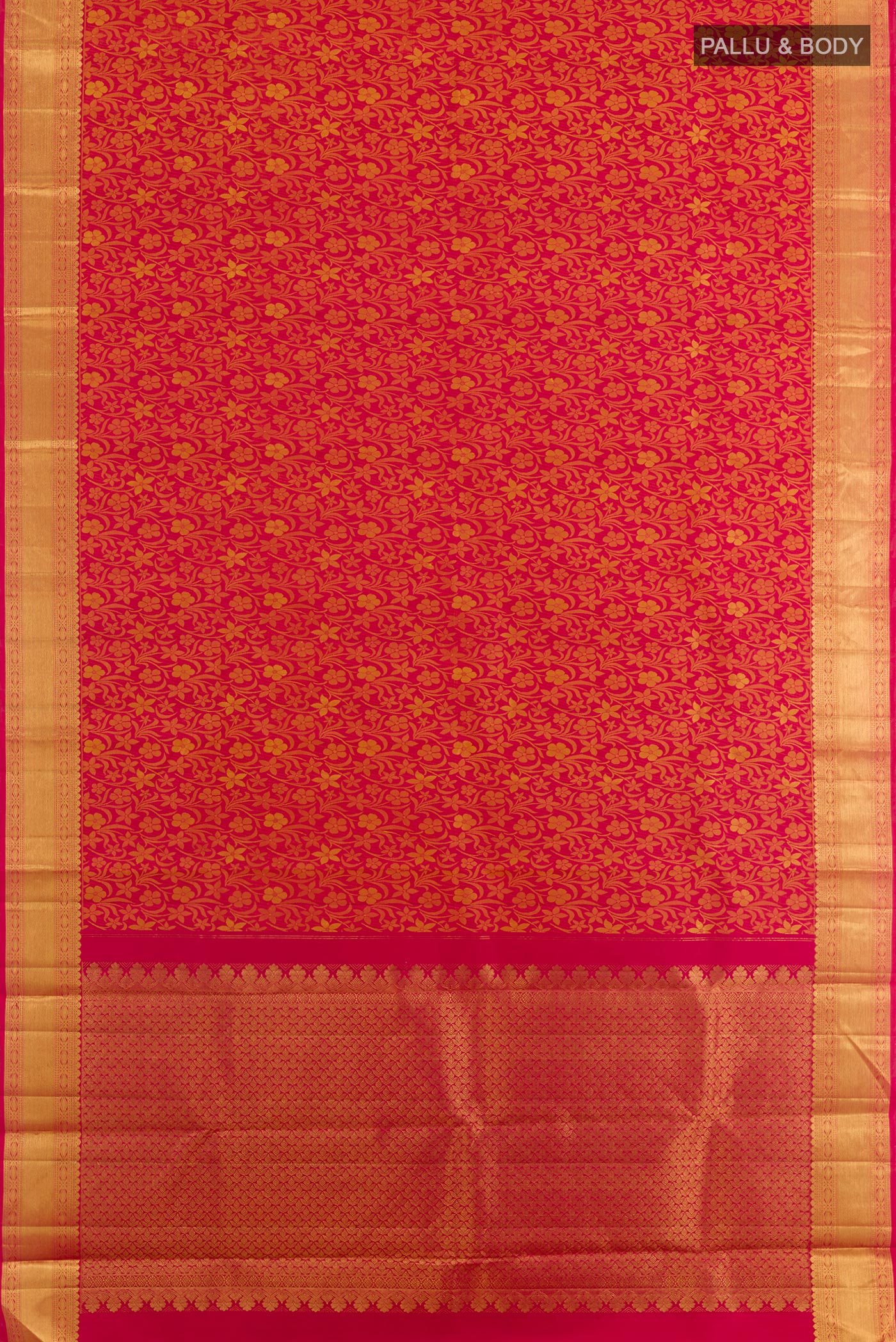 Flat view of Red Kanjivaram Silk Saree with Jacquard design on the body and Zari Border. 