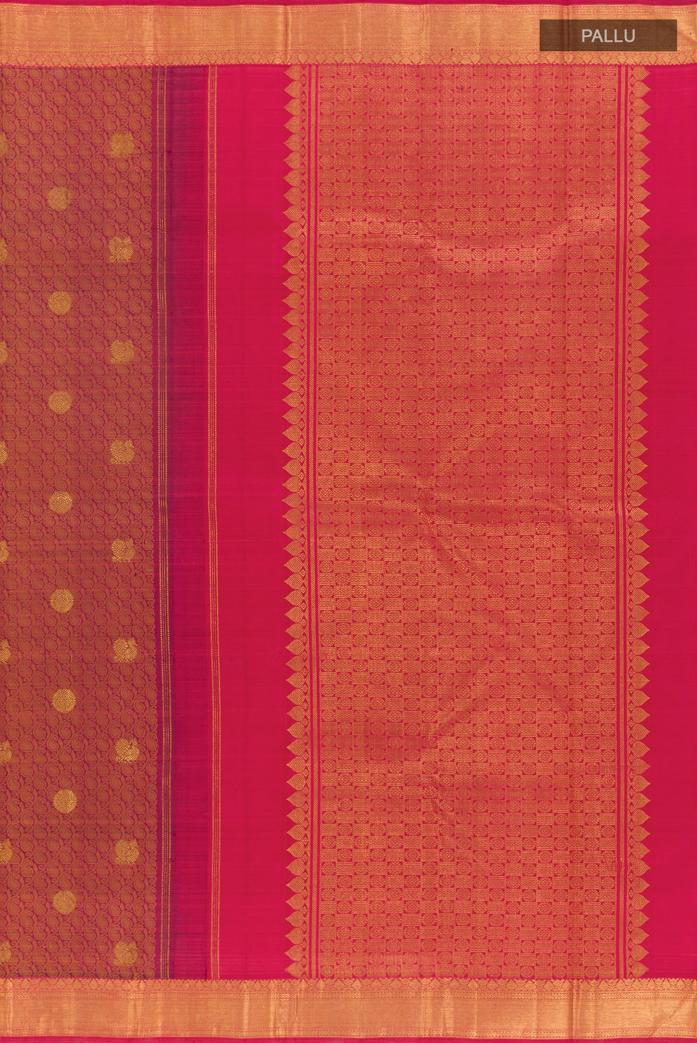 Close up image of the pallu of Magenta Kanjivaram Silk Saree with Jacquard With Zari Butta on the body and Zari Border. 