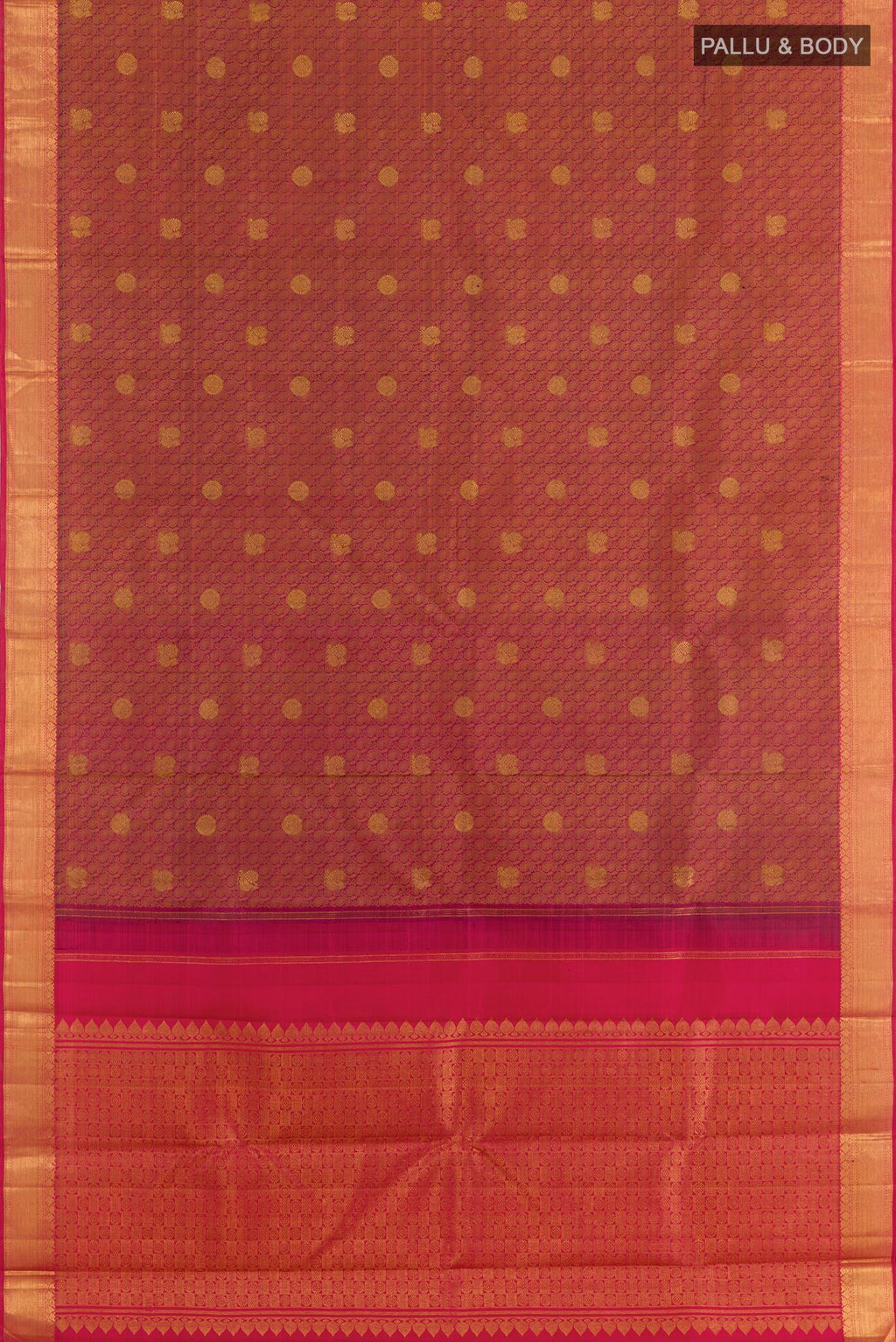 Flat view of Magenta Kanjivaram Silk Saree with Jacquard With Zari Butta on the body and Zari Border. 