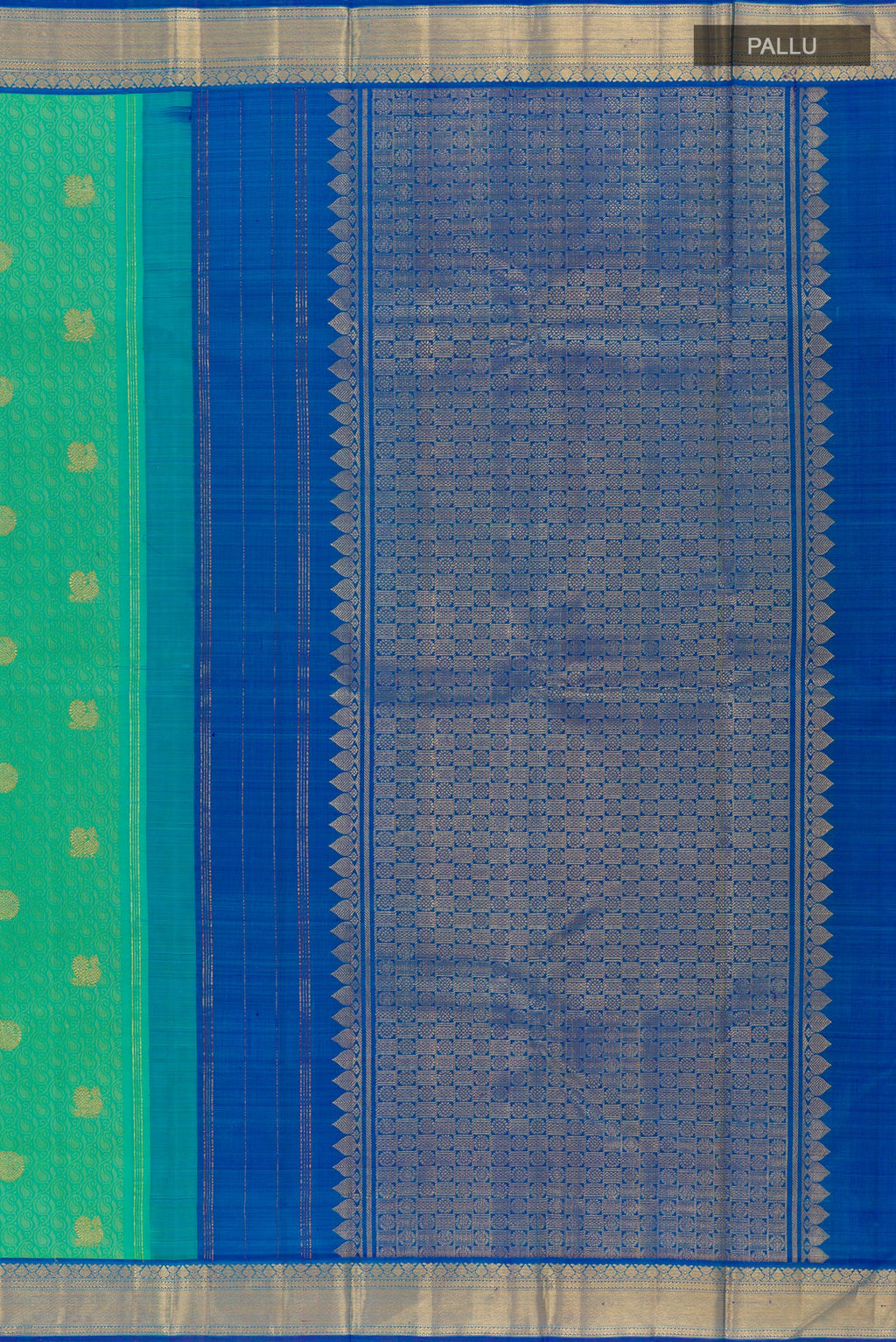 Close up image of the pallu of Sea Green Kanjivaram Silk Saree with Jacquard With Zari Butta on the body and Zari Border. 