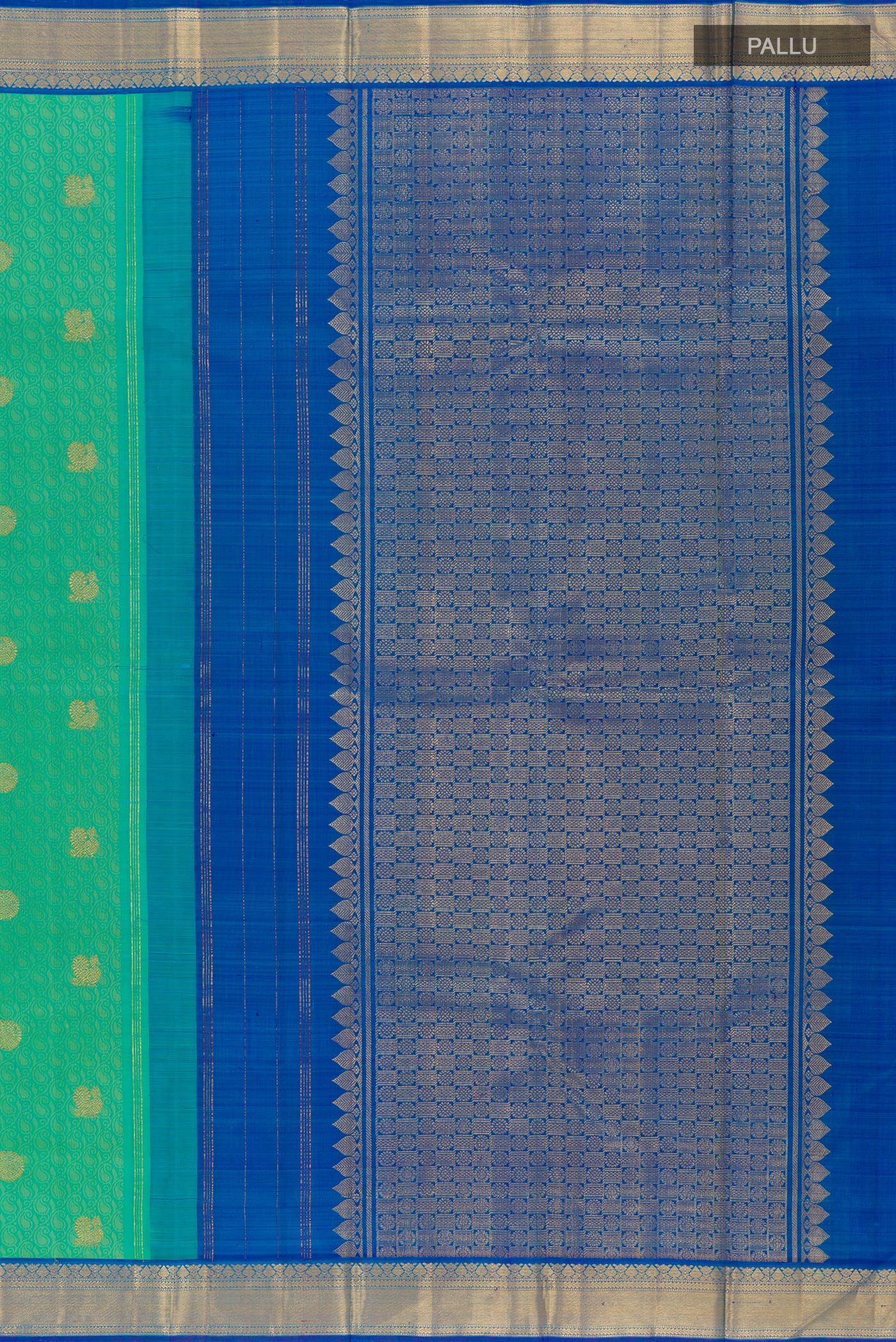 Close up image of the pallu of Sea Green Kanjivaram Silk Saree with Jacquard With Zari Butta on the body and Zari Border. 