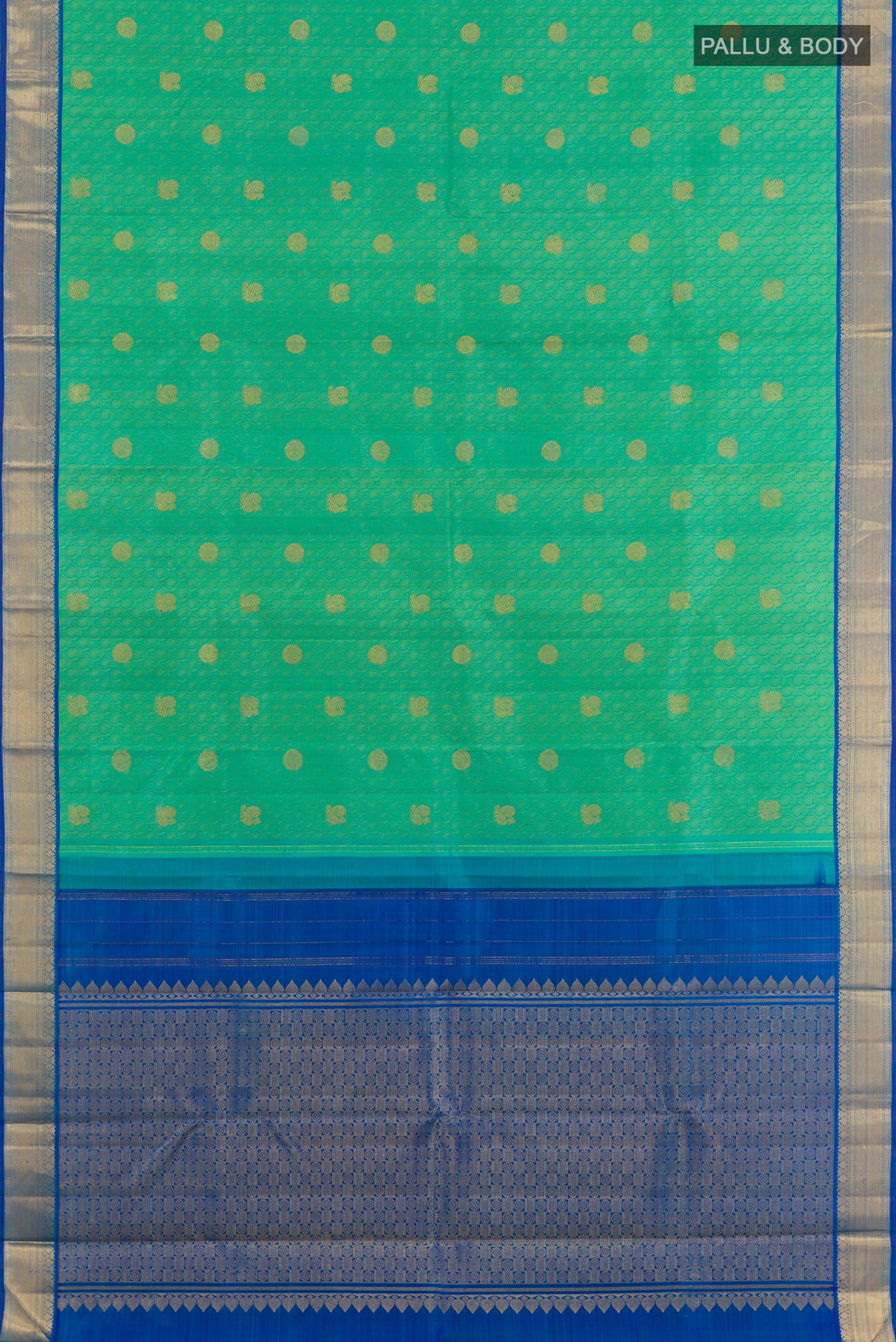 Flat view of Sea Green Kanjivaram Silk Saree with Jacquard With Zari Butta on the body and Zari Border. 
