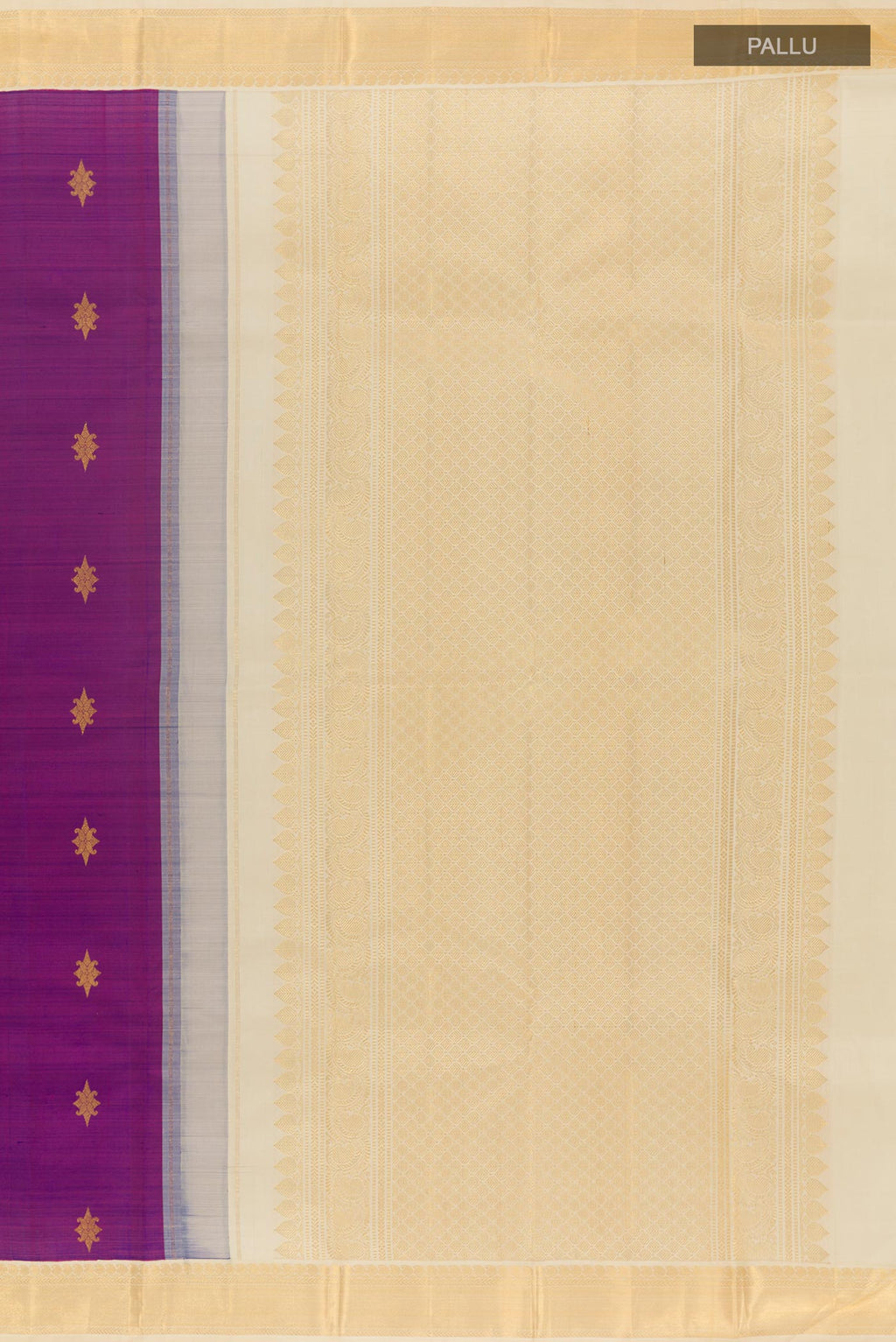 Close up image of the pallu of Purple Kanjivaram Silk Saree with Zari Butta on the body and Zari Border. 