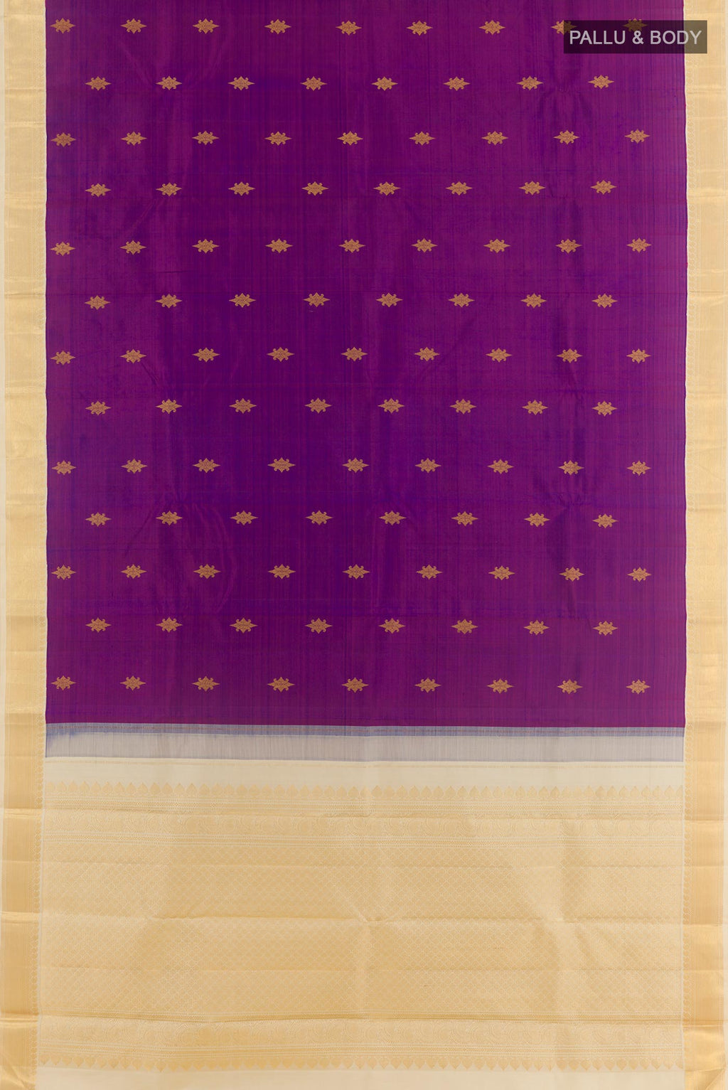 Flat view of Purple Kanjivaram Silk Saree with Zari Butta on the body and Zari Border. 