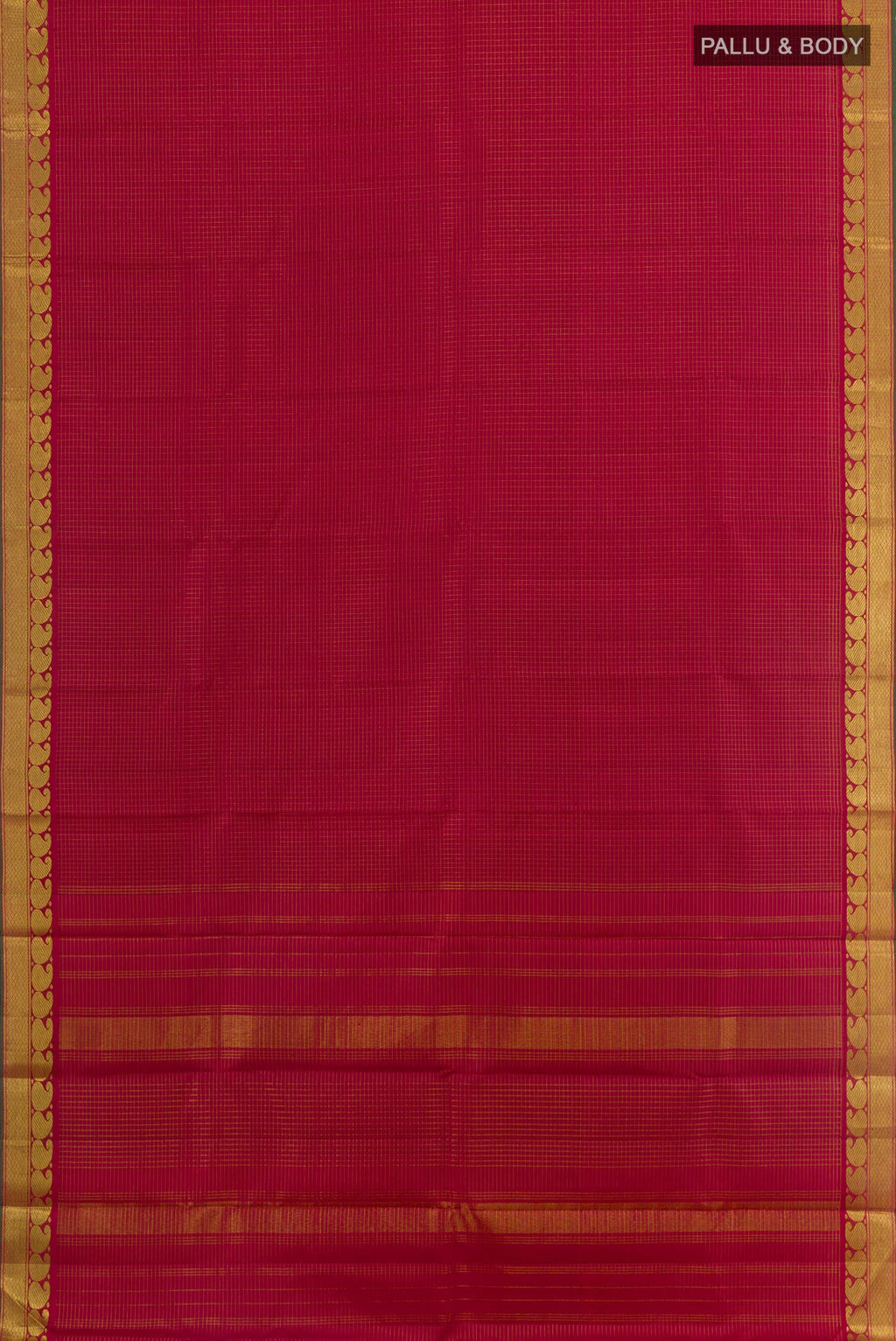 Flat view of Maroon Kanchipuram Silk Saree with Checked design on the body and Zari Border. 
