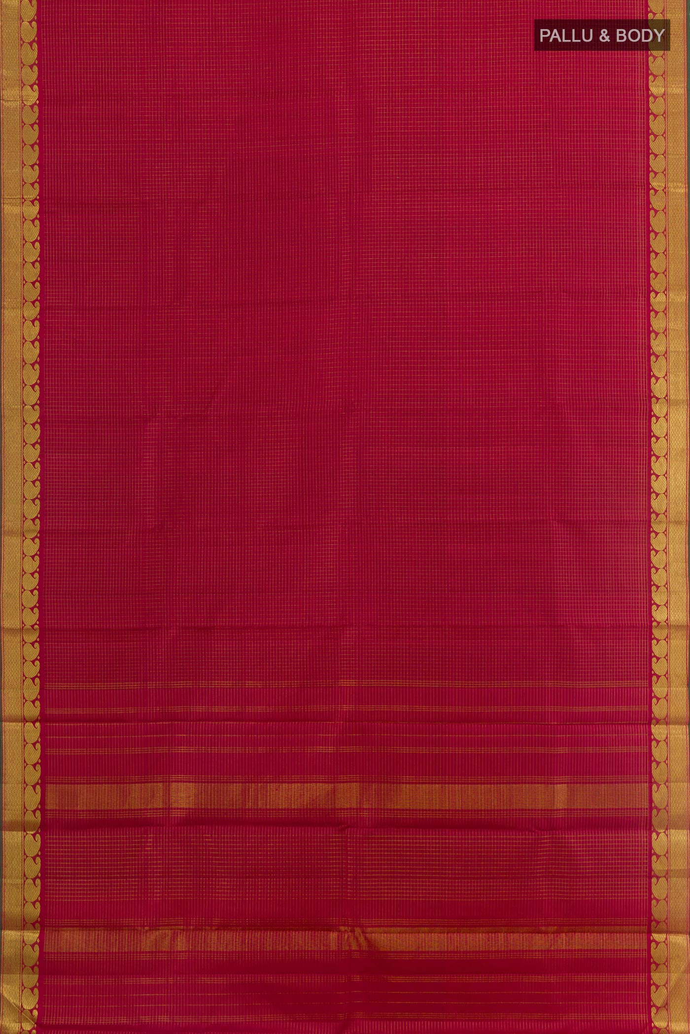 Flat view of Maroon Kanchipuram Silk Saree with Checked design on the body and Zari Border. 
