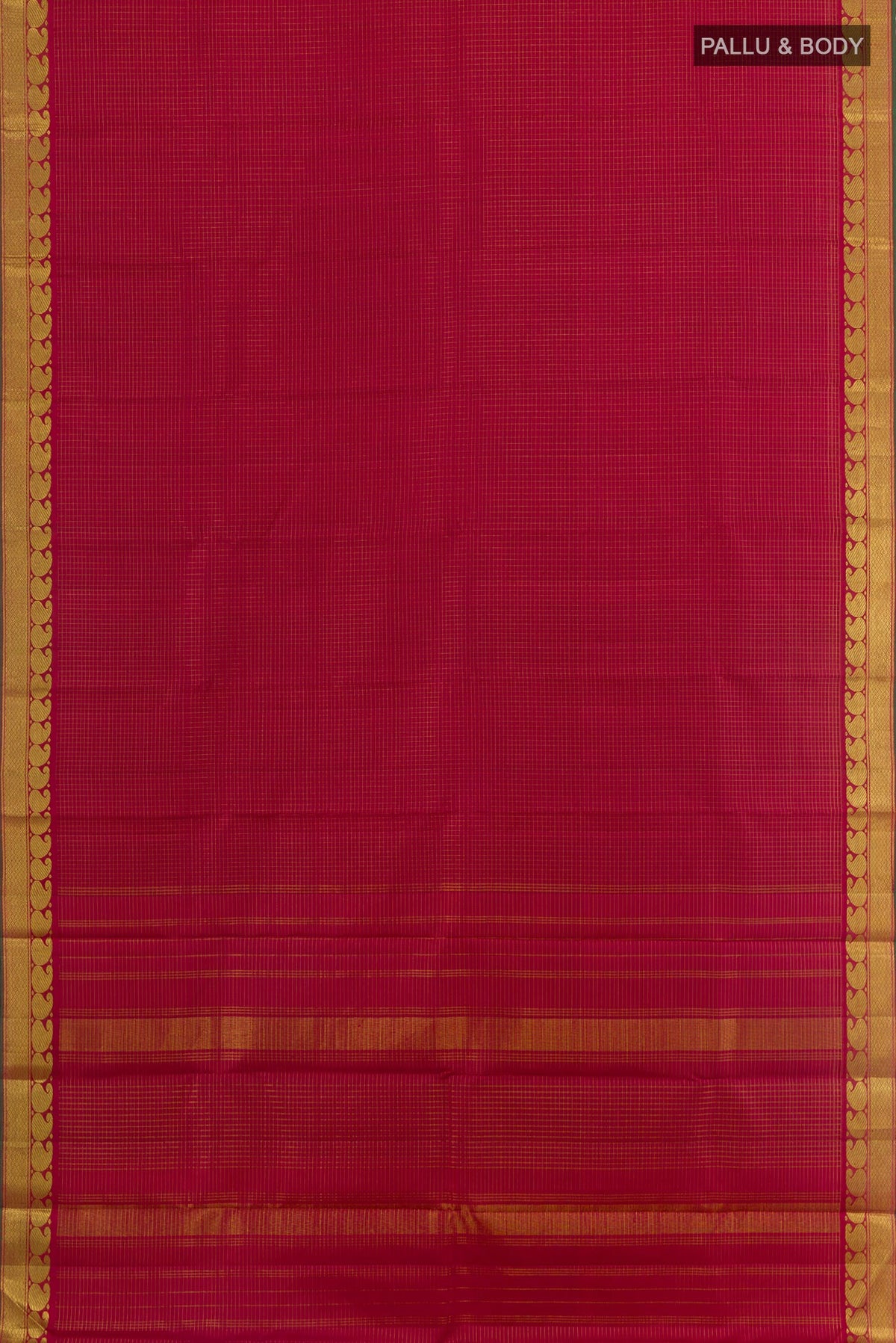 Flat view of Maroon Kanchipuram Silk Saree with Checked design on the body and Zari Border. 