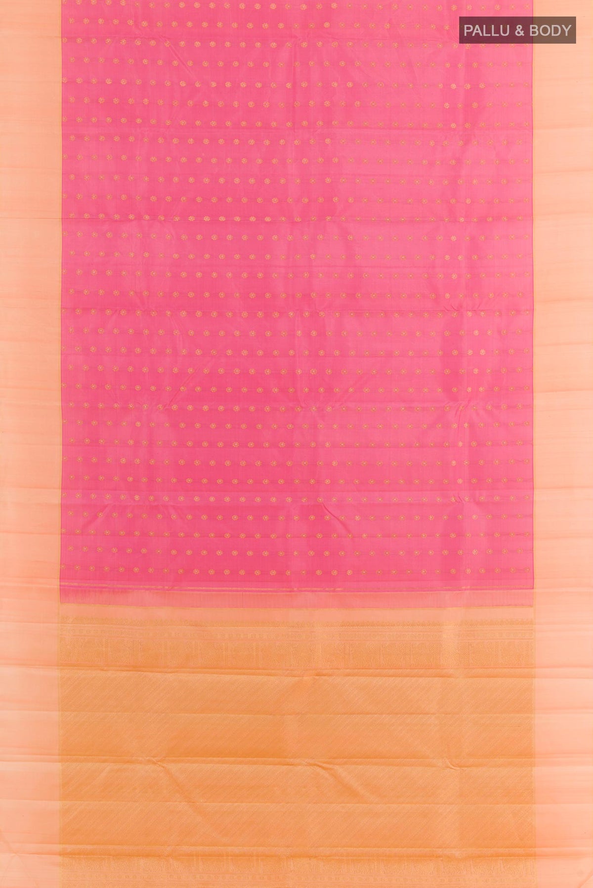 Flat view of Pink Kanchipuram Silk Saree with Zari Butta on the body and Zari Border. 