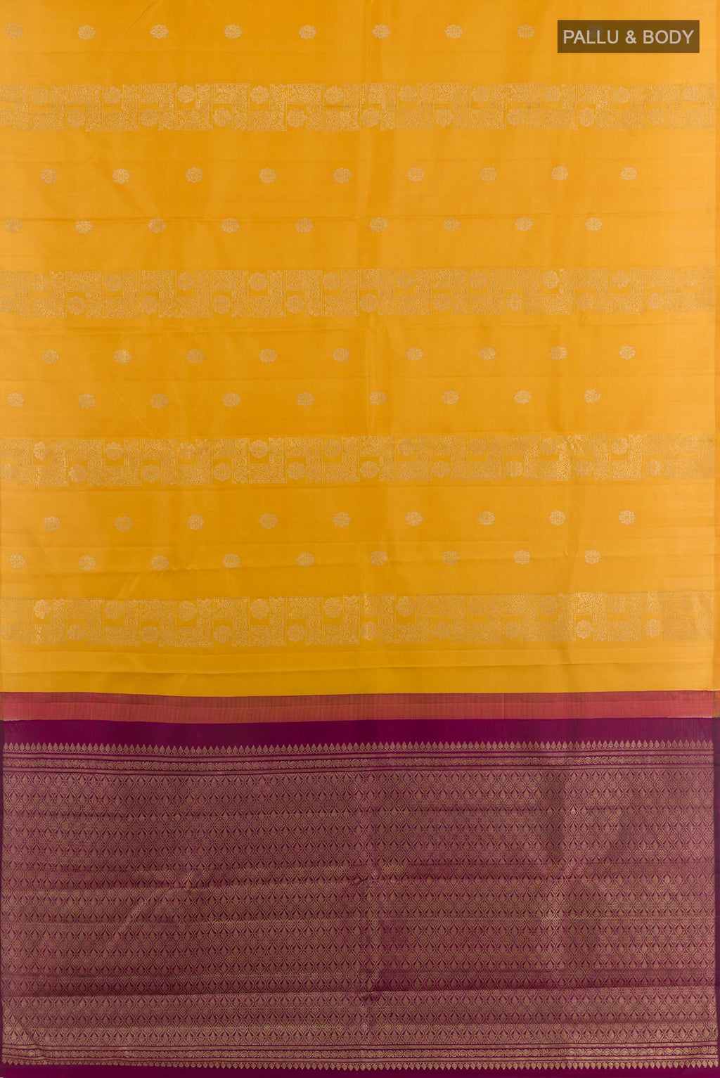 Flat view of Yellow Kanchipuram Silk Saree with Zari Butta on the body and Zari Border. 
