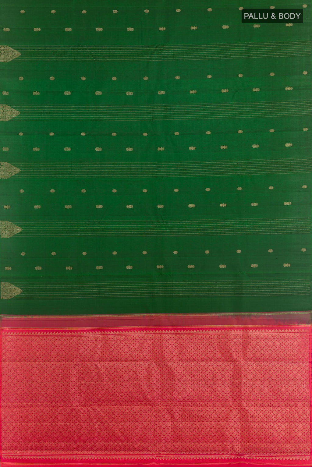 Flat view of Green Kanchipuram Silk Saree with Zari Butta on the body and Zari Border. 