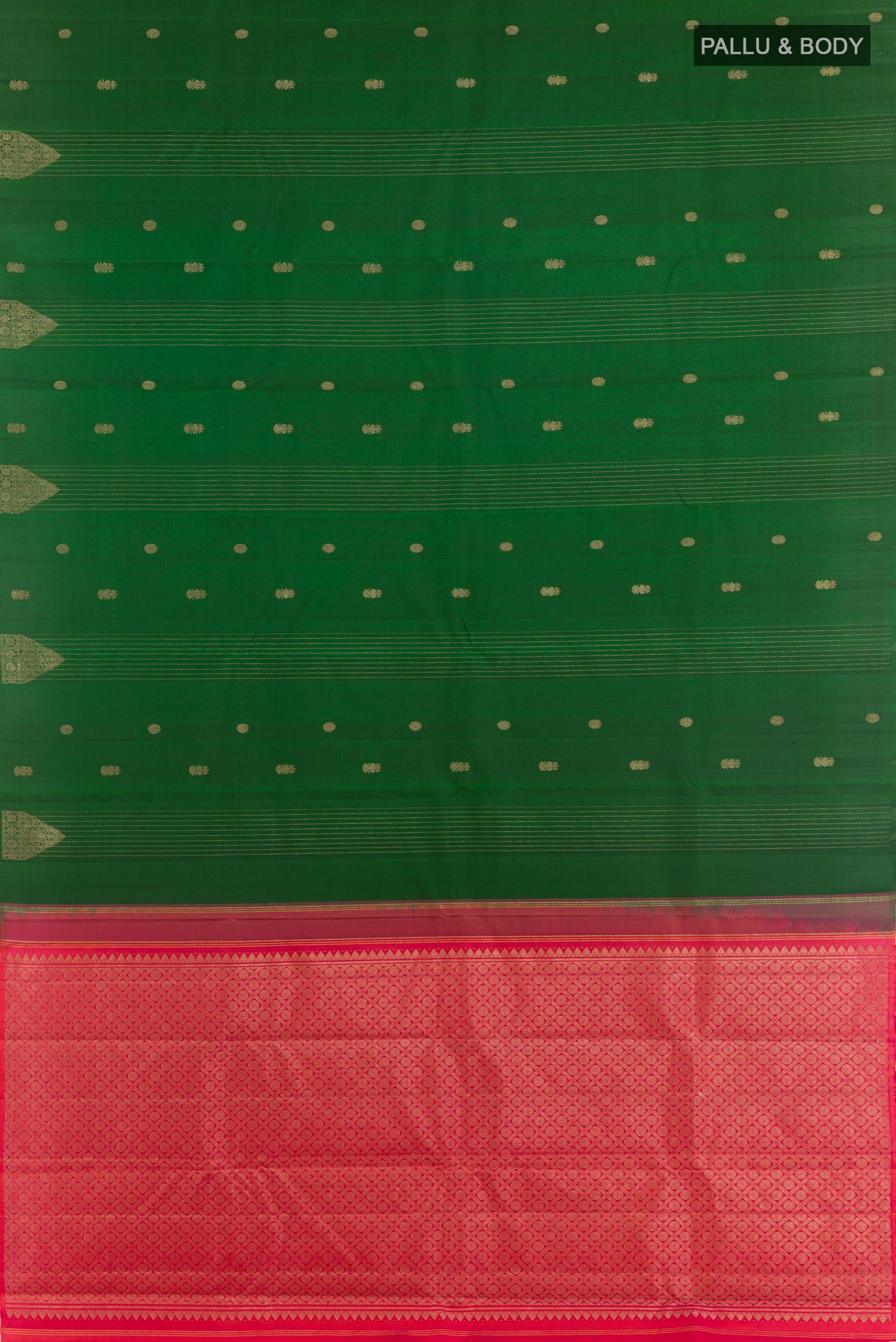 Flat view of Green Kanchipuram Silk Saree with Zari Butta on the body and Zari Border. 