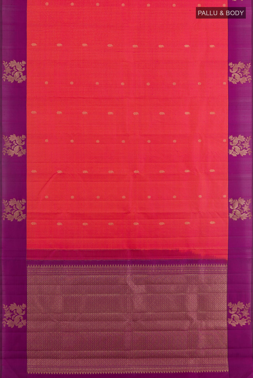 Flat view of Pink Kanjivaram Silk Saree with Checked design on the body and Zari Border. 