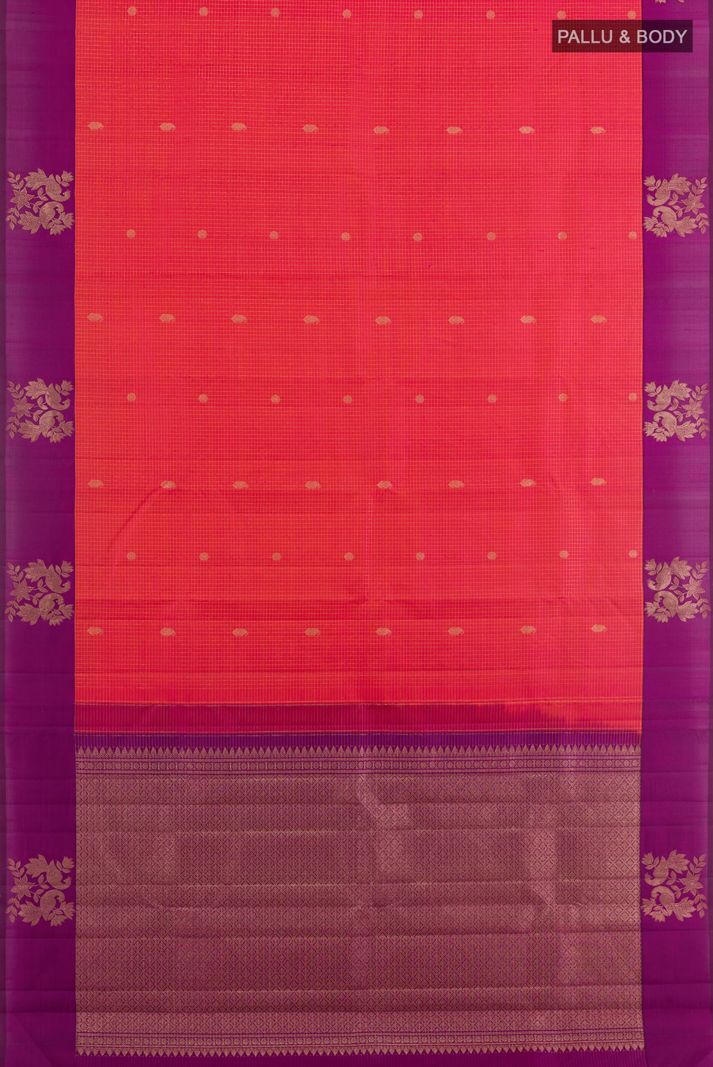 Flat view of Pink Kanjivaram Silk Saree with Checked design on the body and Zari Border. 