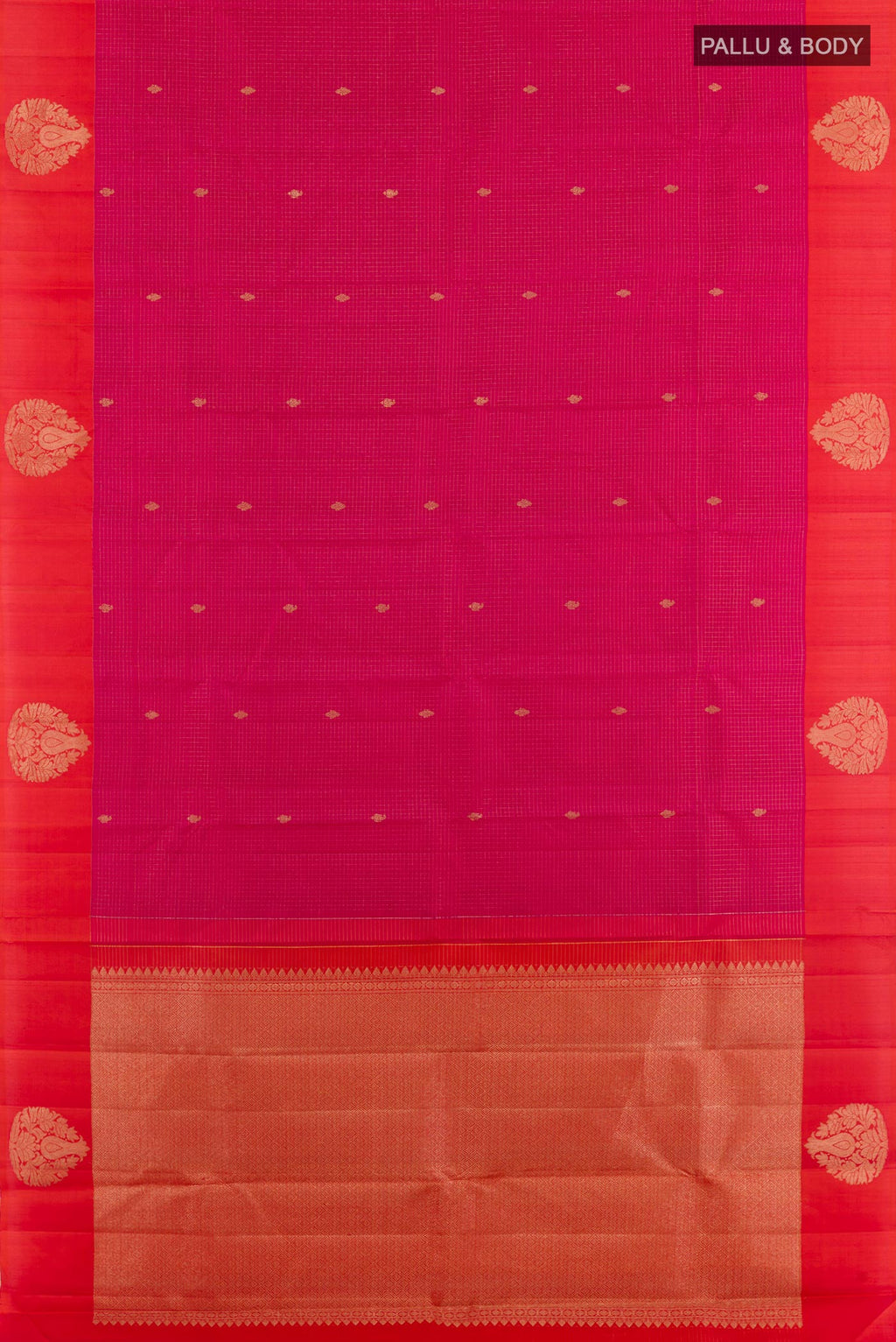Flat view of Pink Kanjivaram Silk Saree with Checked design on the body and Zari Border. 