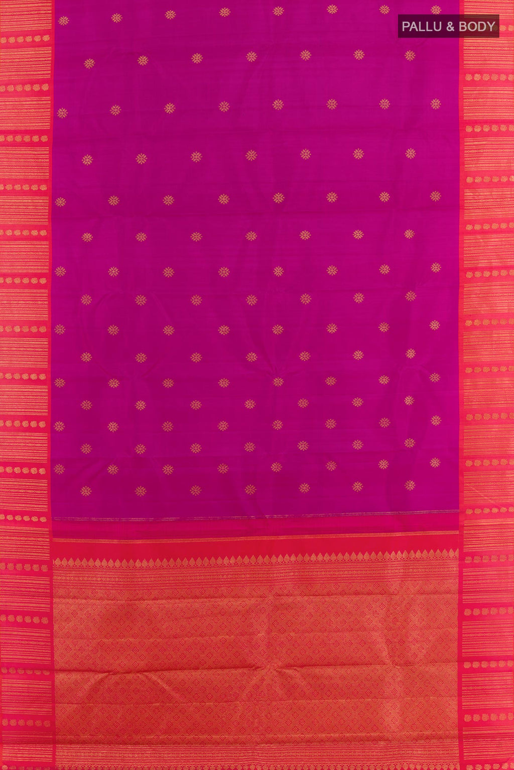 Flat view of Purple Kanjivaram Silk Saree with Zari Butta on the body and Zari Border. 