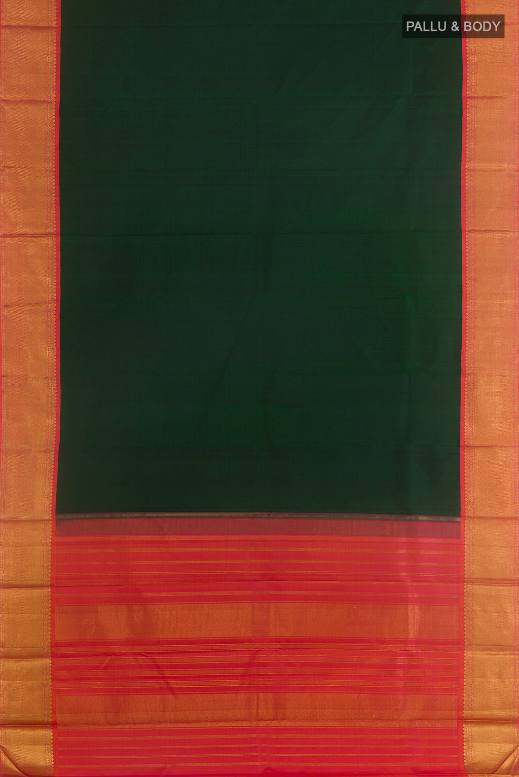 Flat view of Bottle Green Kanjivaram Silk Saree with Plain Body and Zari Border. 