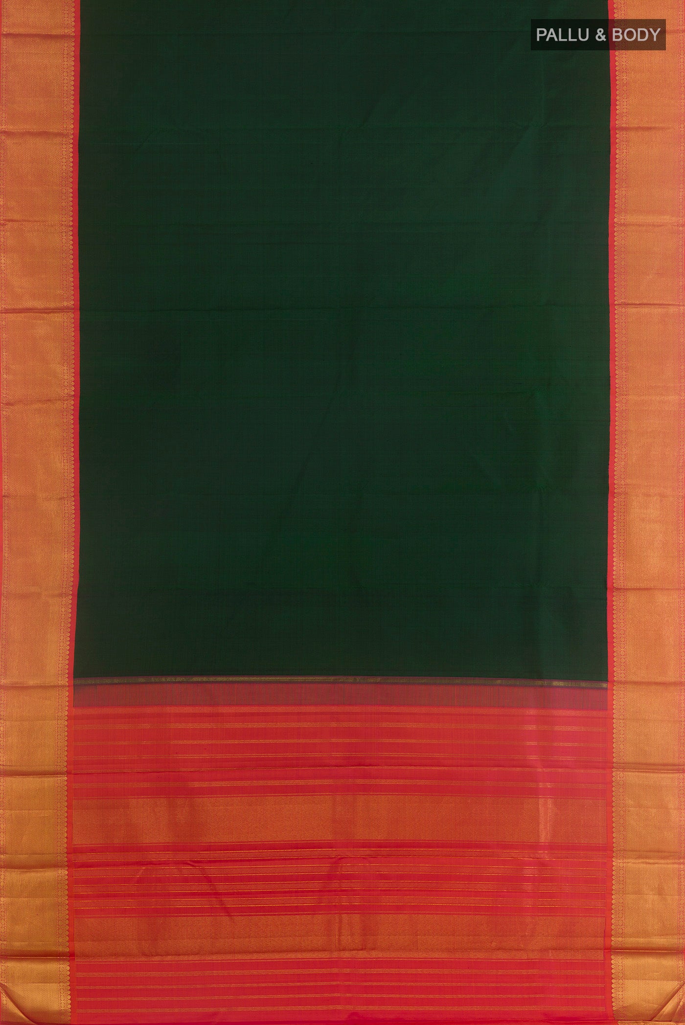 Flat view of Bottle Green Kanjivaram Silk Saree with Plain Body and Zari Border. 