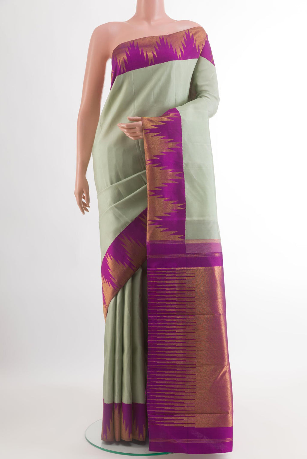 Grey Kanjivaram Silk Saree with Plain Body and Temple Border.  displayed on a mannequin
