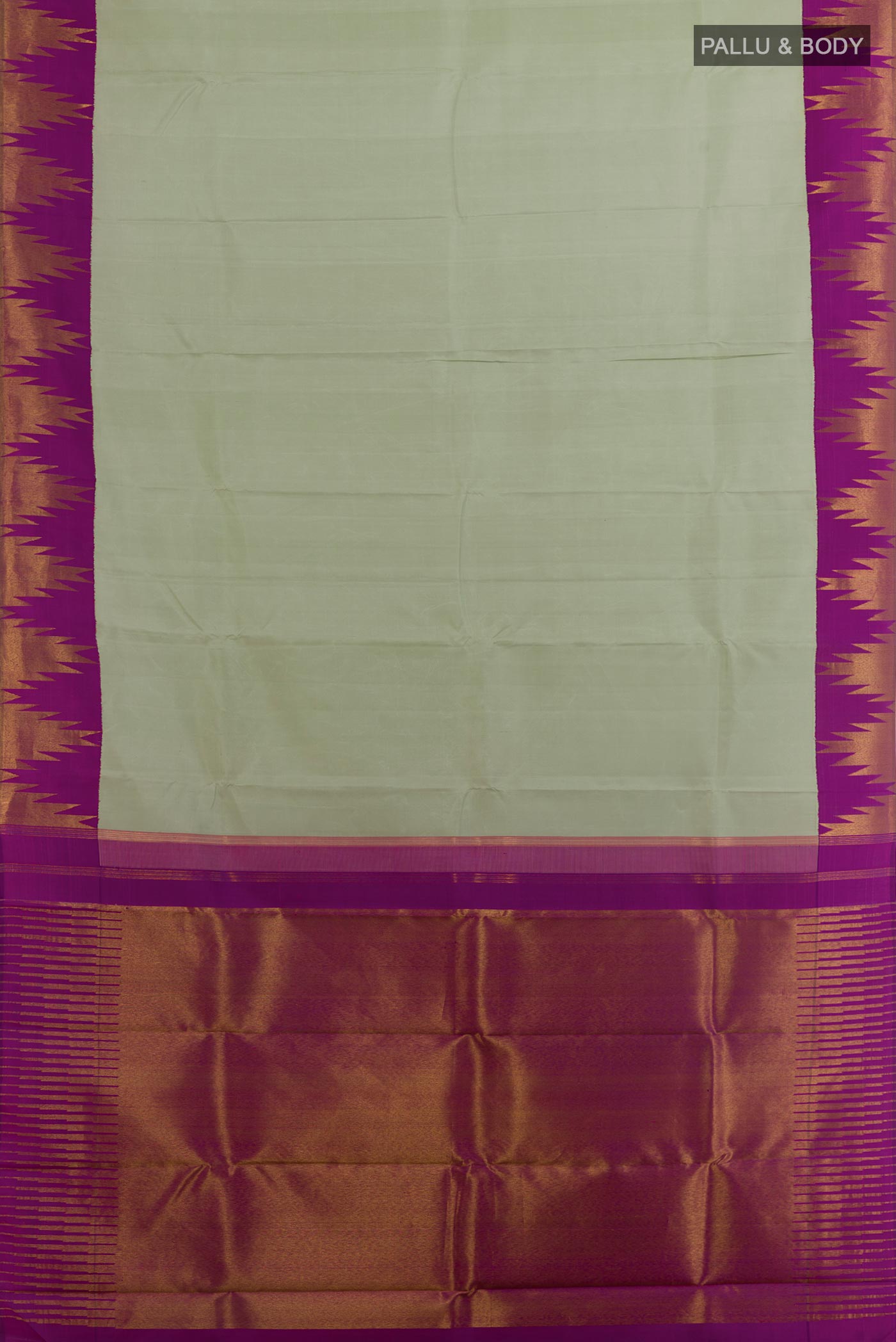 Flat view of Grey Kanjivaram Silk Saree with Plain Body and Temple Border. 