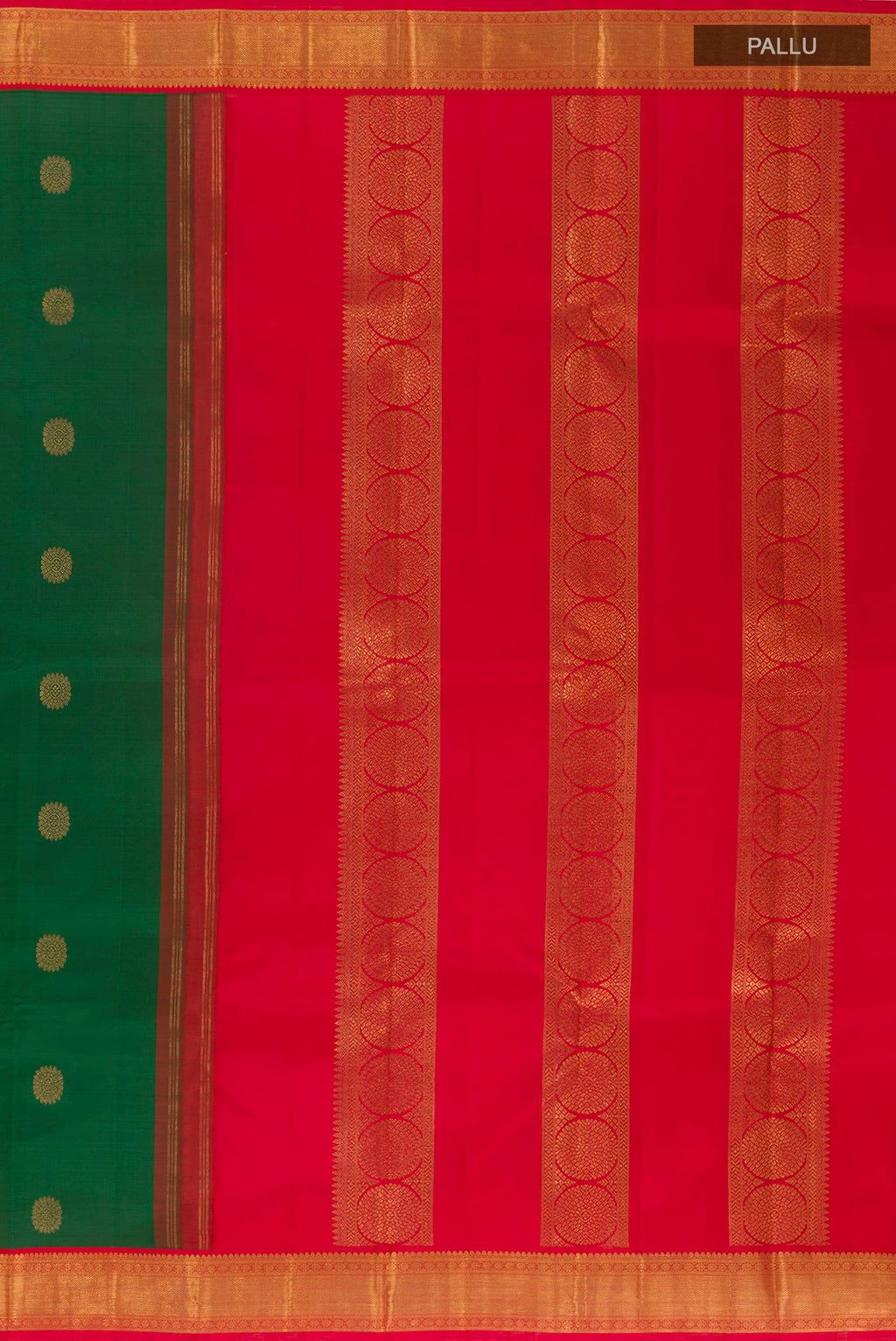 Close up image of the pallu of Green Kanchipuram Silk Saree with Zari Butta on the body and Zari Border. 