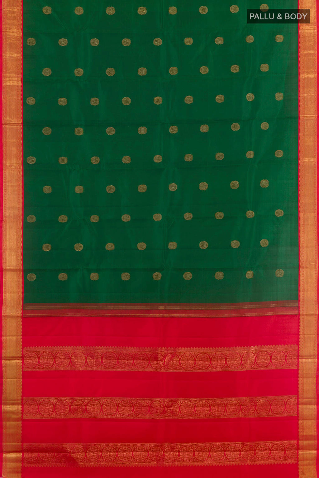 Flat view of Green Kanchipuram Silk Saree with Zari Butta on the body and Zari Border. 