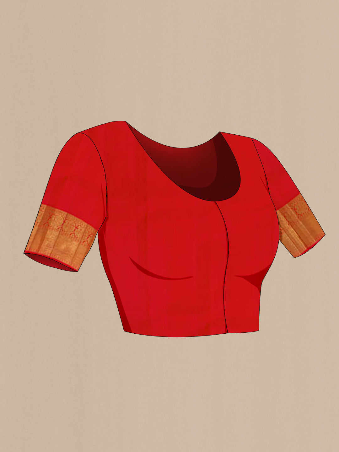 Close up image of the blouse of Orange Kanchipuram Silk Saree with Zari Butta on the body and Zari Border. 