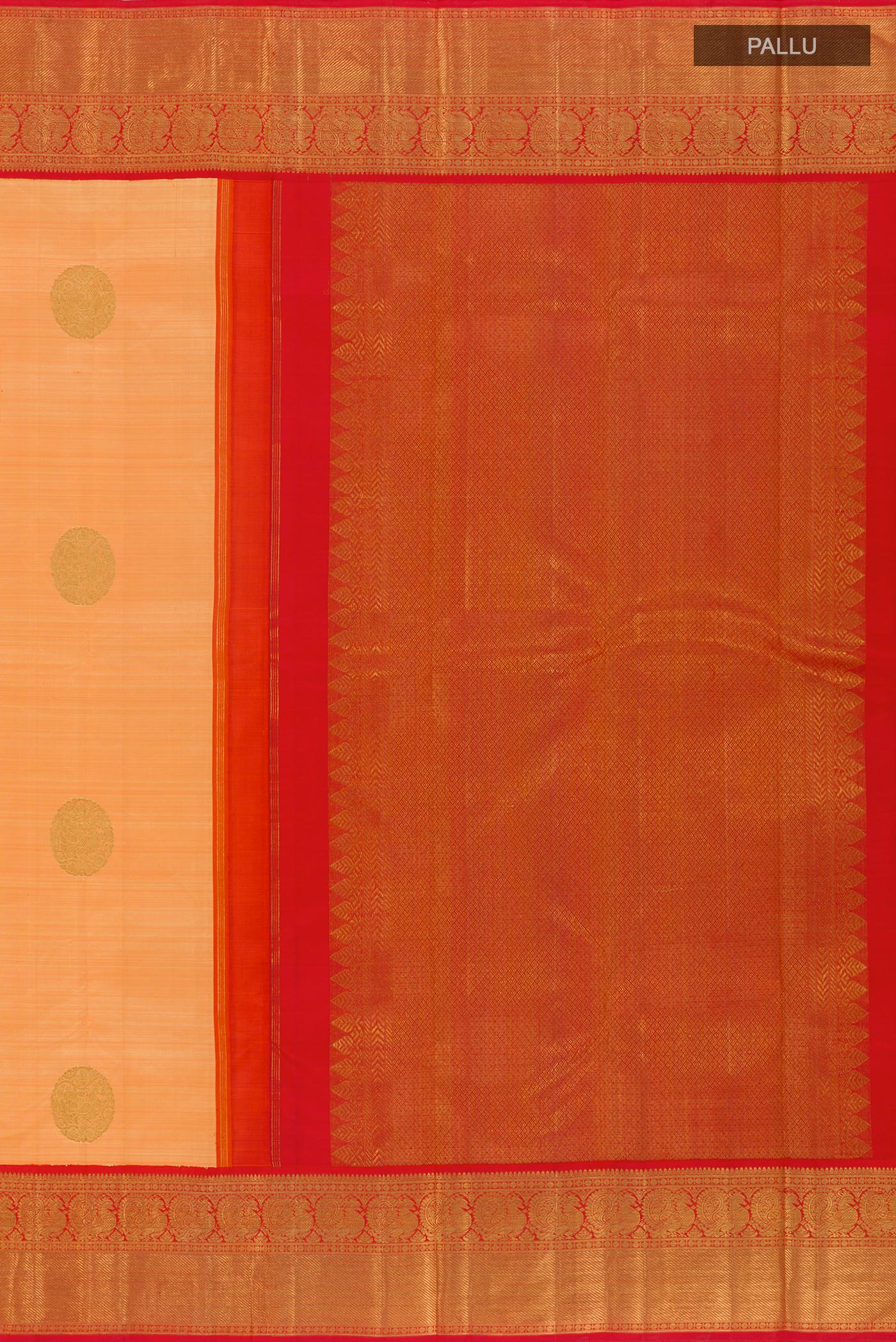 Close up image of the pallu of Orange Kanchipuram Silk Saree with Zari Butta on the body and Zari Border. 