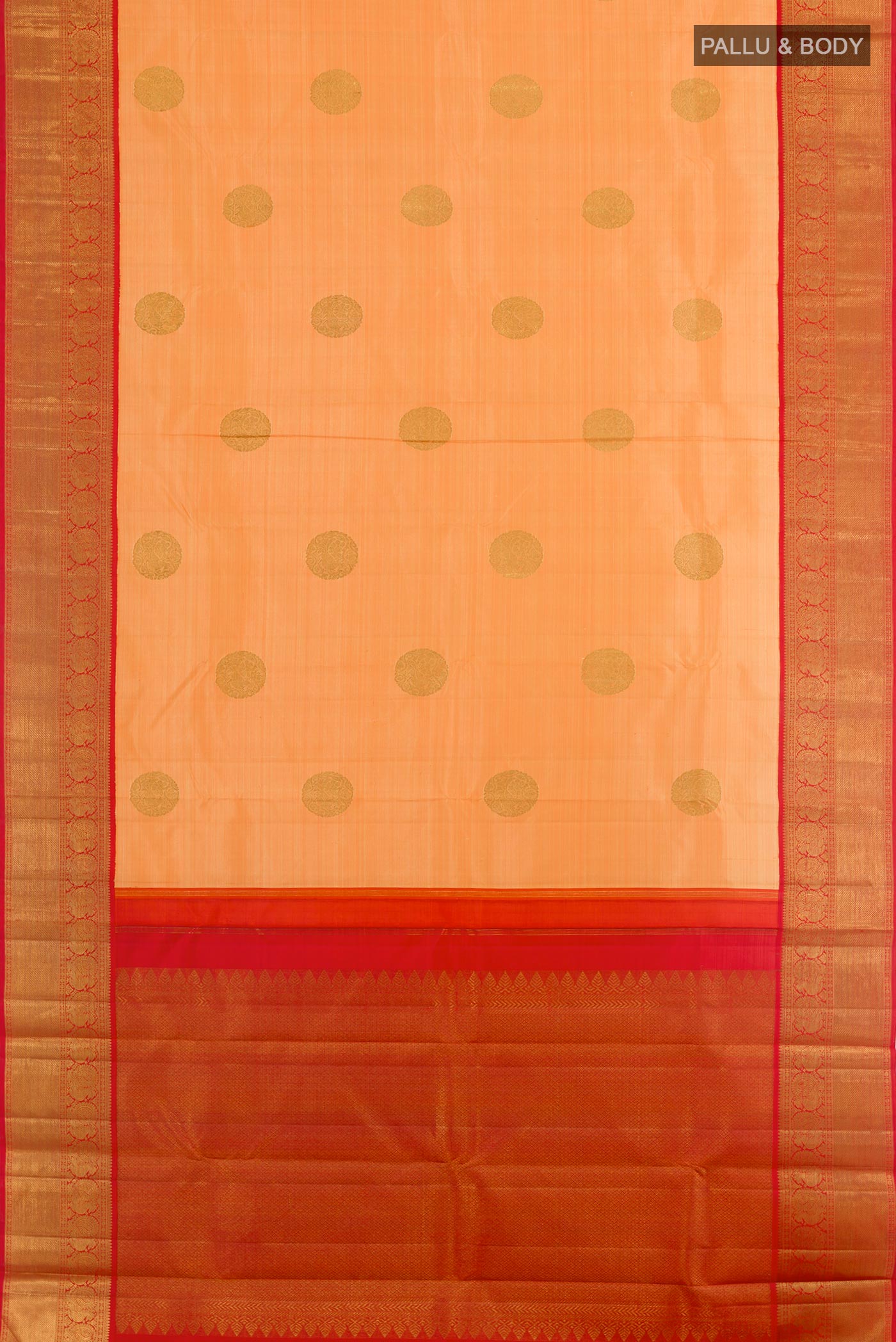 Flat view of Orange Kanchipuram Silk Saree with Zari Butta on the body and Zari Border. 