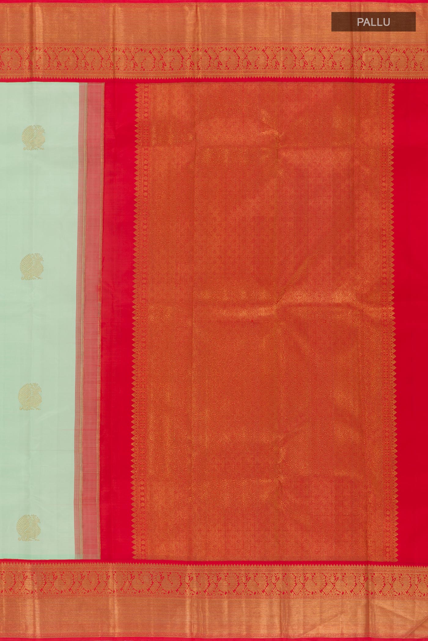 Close up image of the pallu of Pista Green Kanchipuram Silk Saree with Zari Butta on the body and Zari Border. 