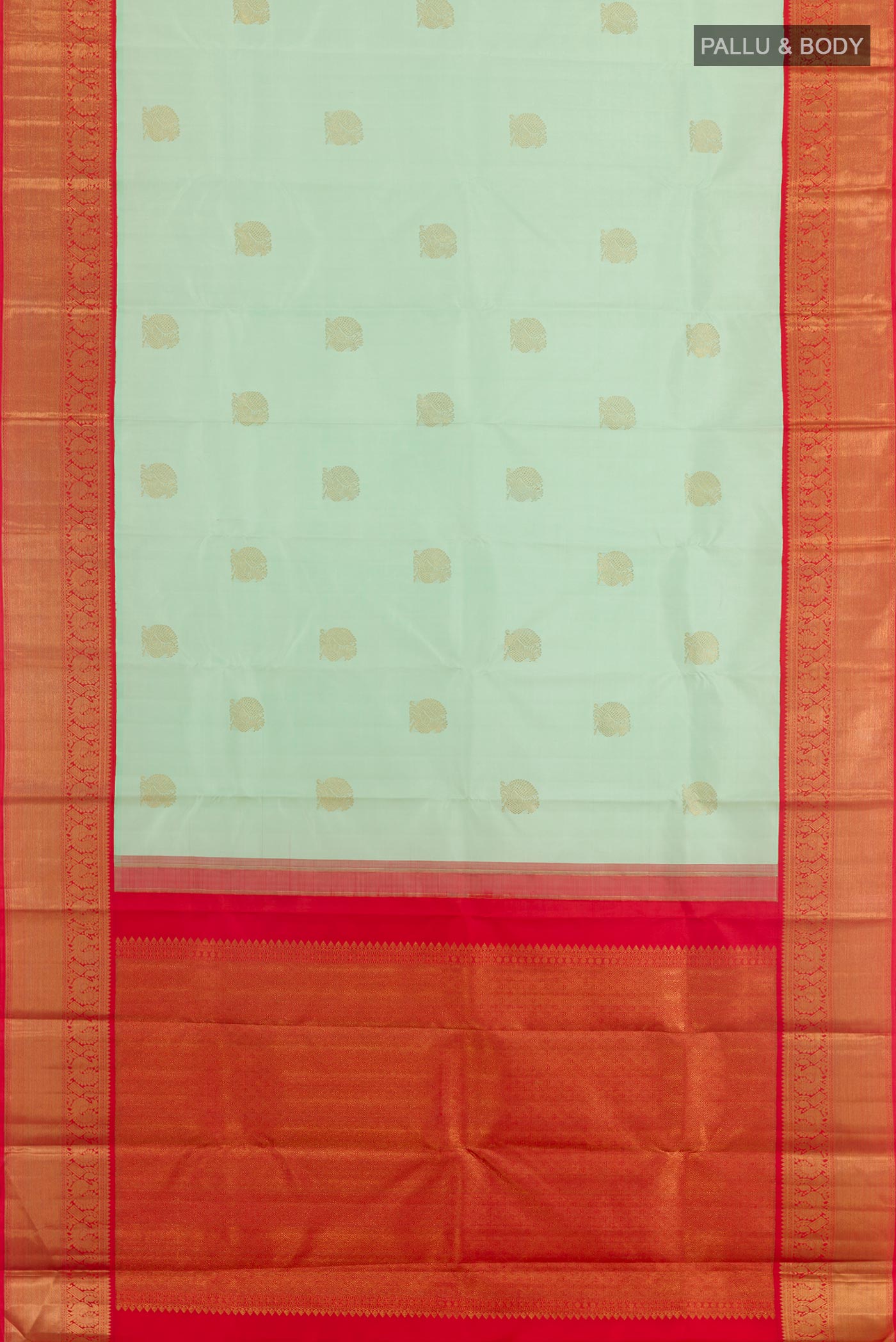 Flat view of Pista Green Kanchipuram Silk Saree with Zari Butta on the body and Zari Border. 