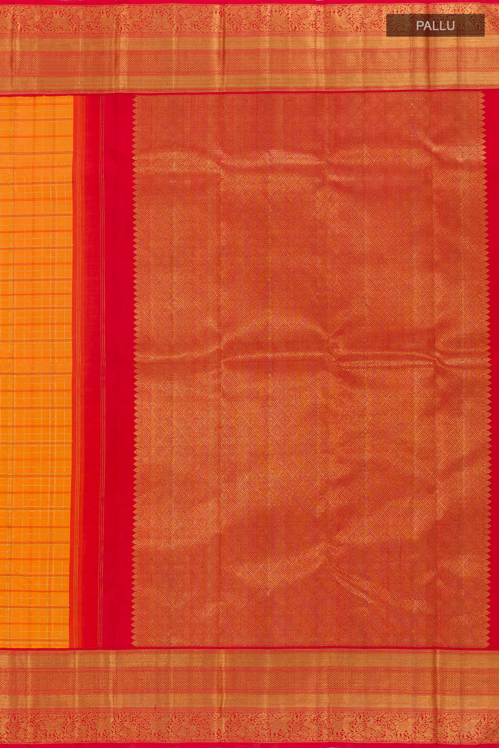 Close up image of the pallu of Orange Kanchipuram Silk Saree with Checked design on the body and Ganga Jamuna Border. 