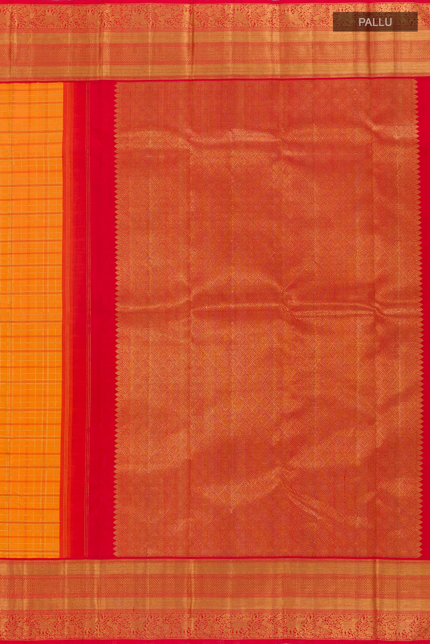 Close up image of the pallu of Orange Kanchipuram Silk Saree with Checked design on the body and Ganga Jamuna Border. 