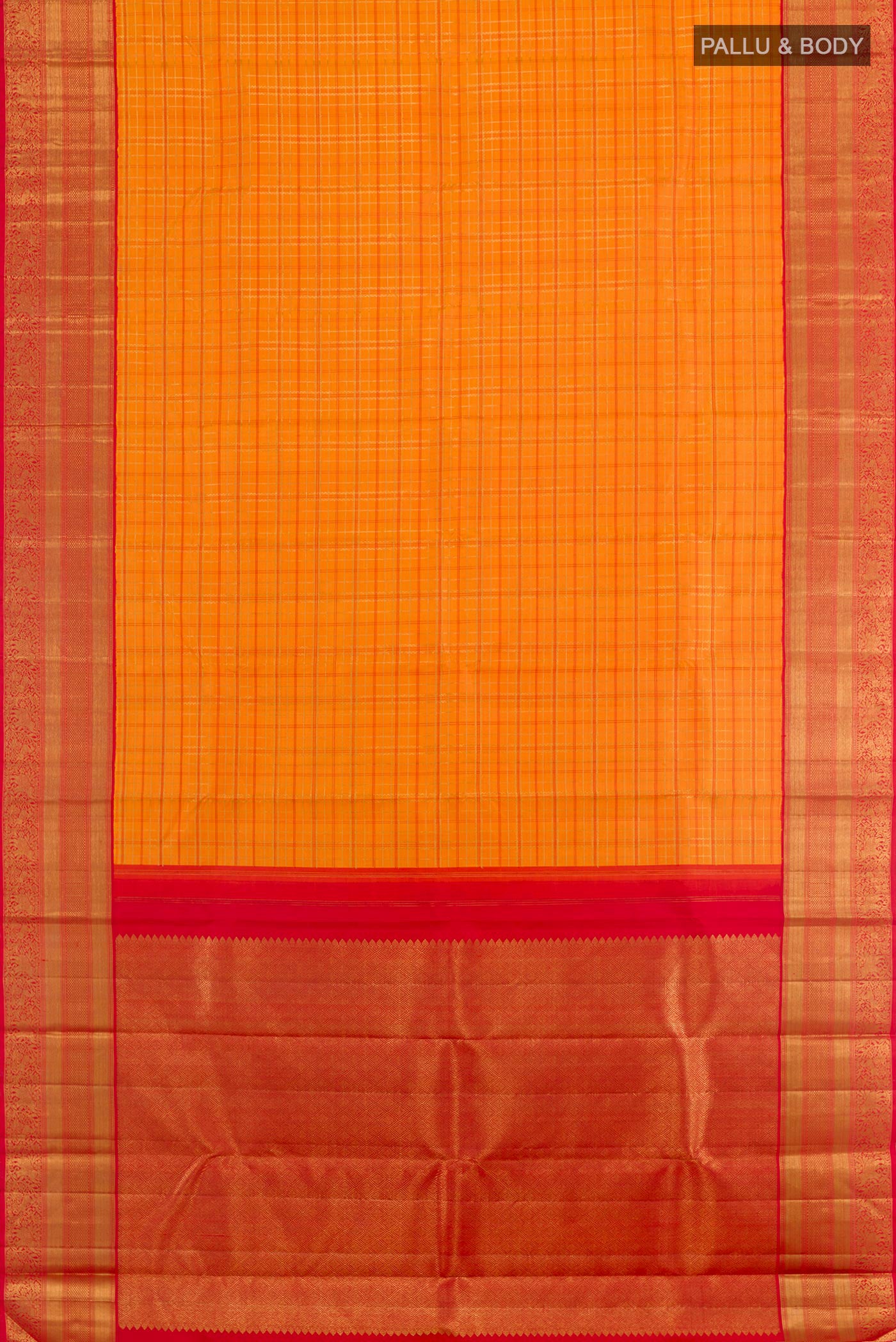 Flat view of Orange Kanchipuram Silk Saree with Checked design on the body and Ganga Jamuna Border. 