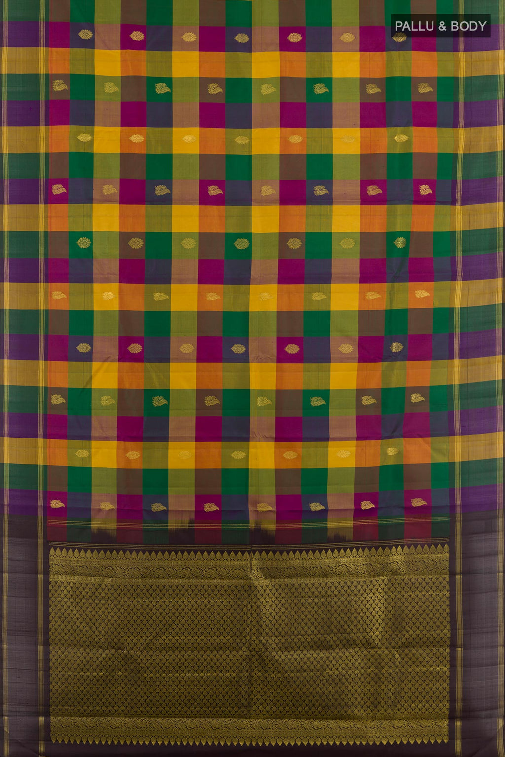 Flat view of Multi Color Kanchipuram Silk Saree with Zari Butta on the body and Zari Border. 