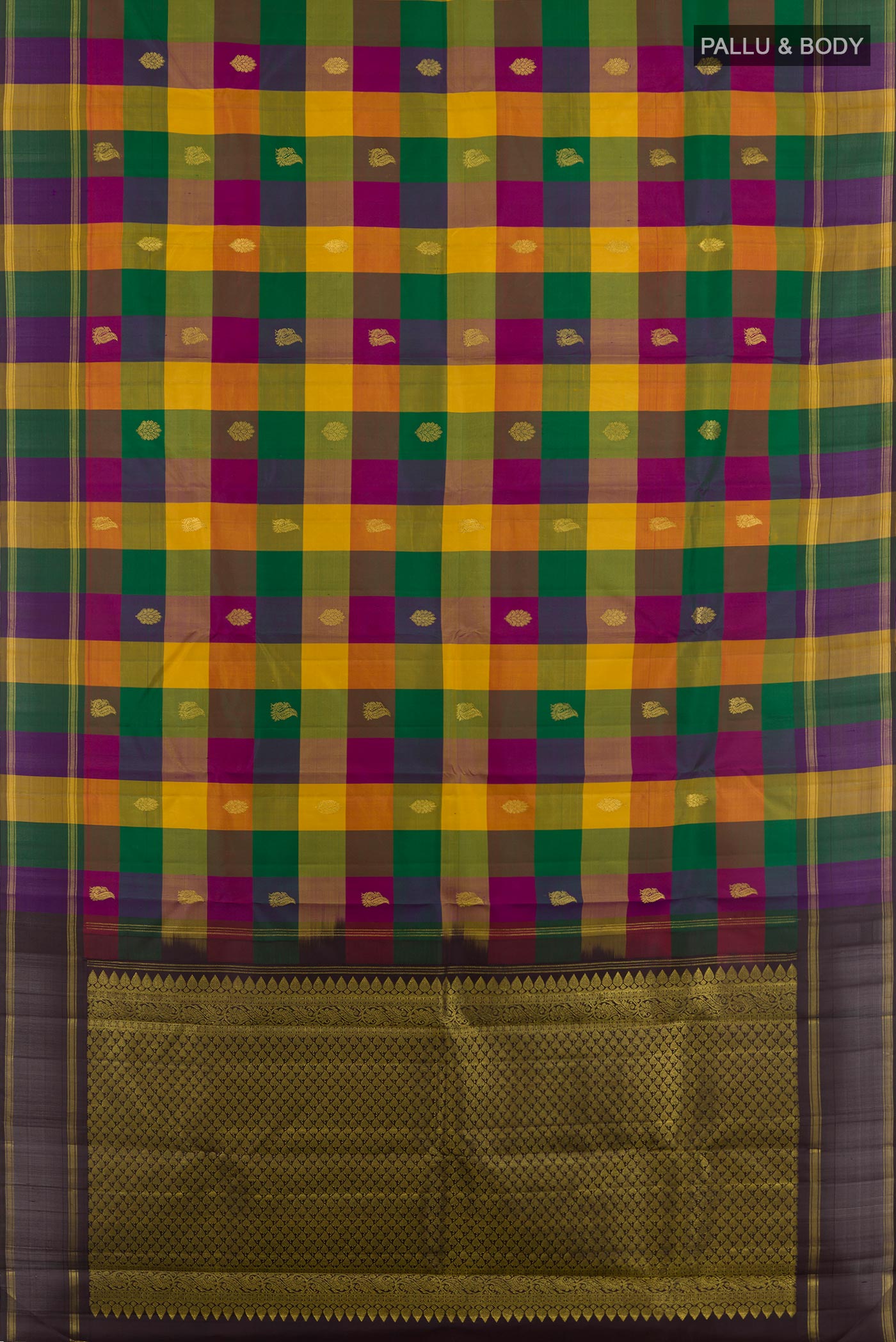 Flat view of Multi Color Kanchipuram Silk Saree with Zari Butta on the body and Zari Border. 