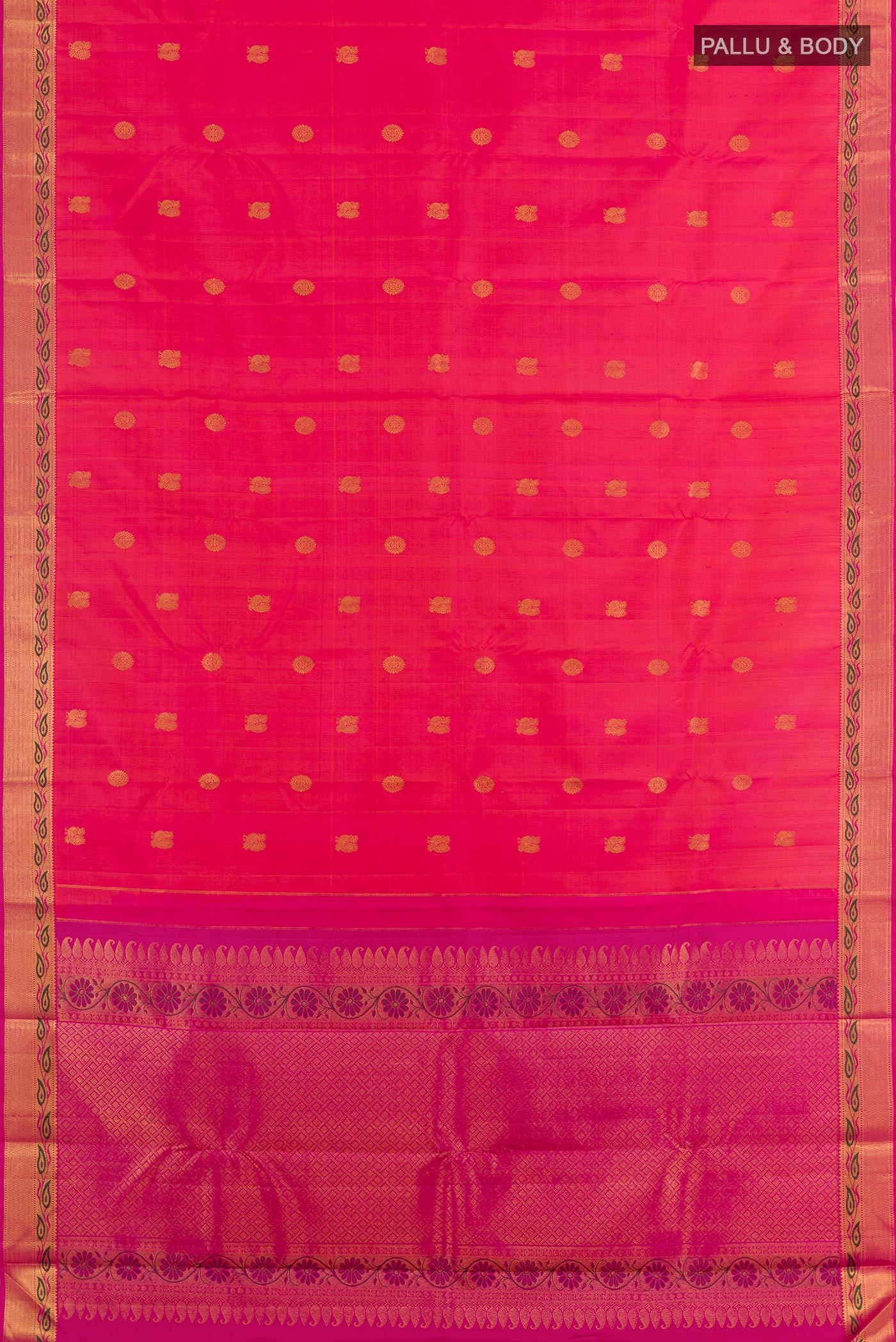 Flat view of Pink Kanchipuram Silk Saree with Zari Butta on the body and Zari Border. 
