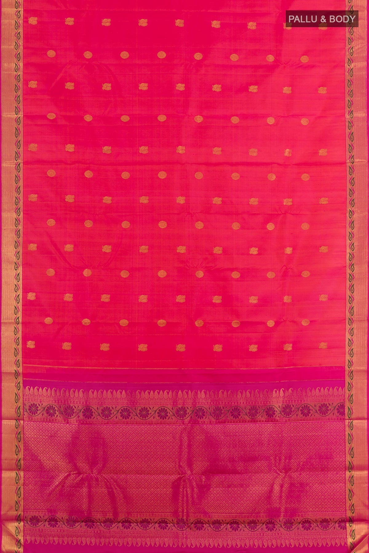 Flat view of Pink Kanchipuram Silk Saree with Zari Butta on the body and Zari Border. 
