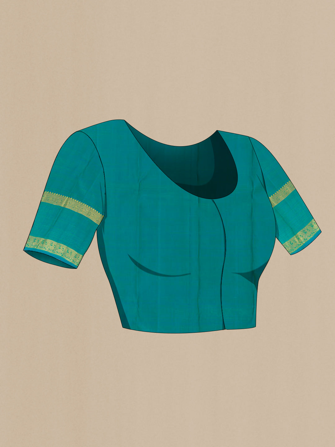 Close up image of the blouse of Green Kanjivaram Silk Saree with Zari Butta on the body and Zari Border. 
